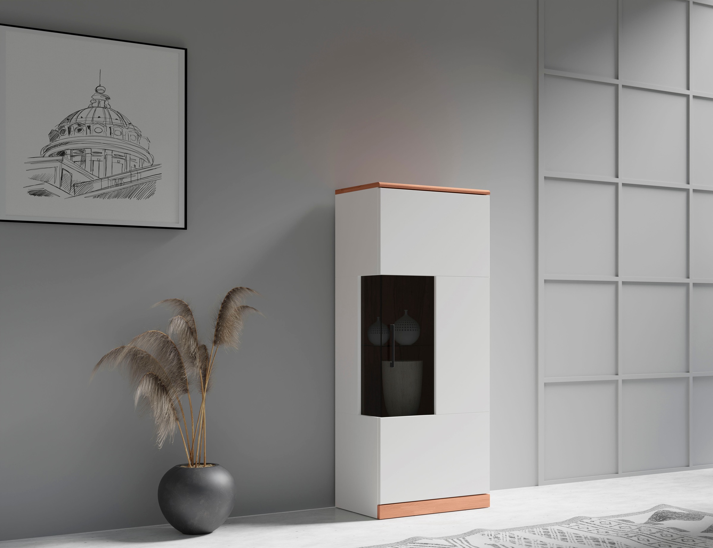 Image of GOODproduct Vitrine "RIBE75, 1Glasboden variabel, dunkles gehärtetes Glas, Trendfarbe" Oberplatte Kernbuche massiv,dunkles Glas, schwarze Metall Griffe