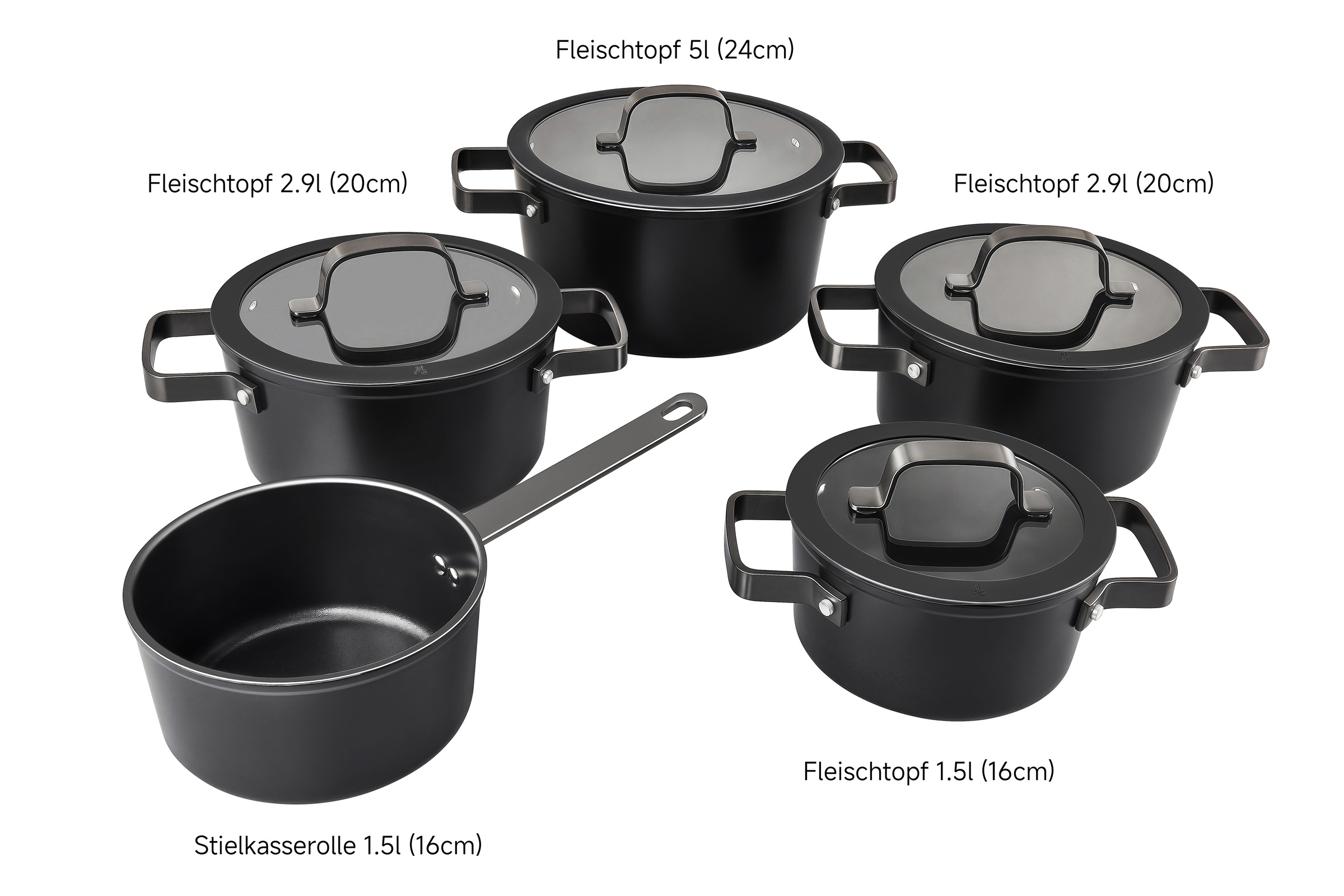Hanseatic Topf-Set »ALU PRO«, Aluminium, (Set, 9 tlg., Fleischtopf 1x 16 cm / 2x 20 cm / 1x 24 cm, Stielkasserolle 16 cm), mit Griffe aus Edelstahl, Glasdeckel, Induktion