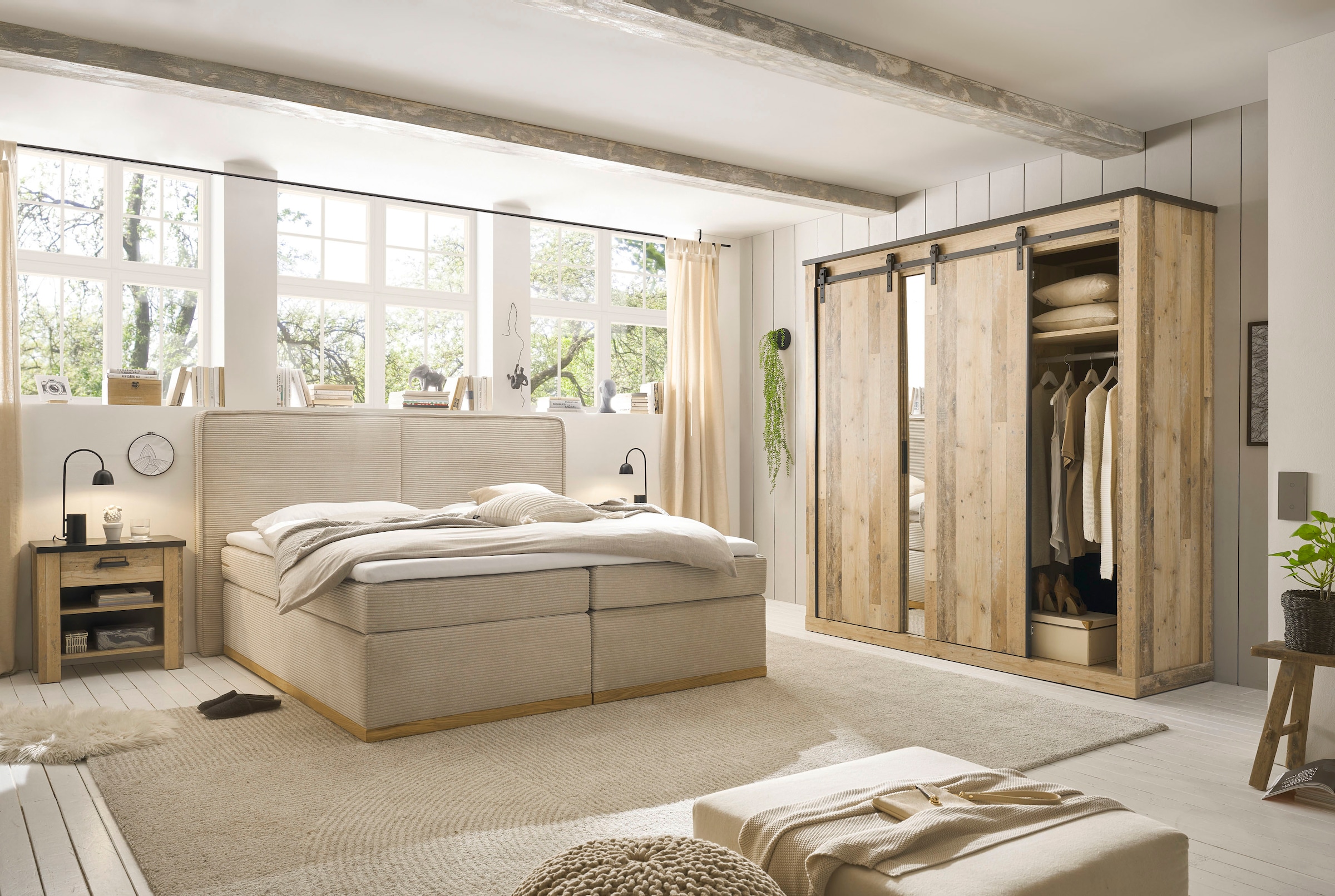 Home affaire Boxspringbett »SHERWOOD Hotelbett, Polsterbett«, Hochwertiger Cord,weiche Velours-Struktur, mit Topper, Eiche