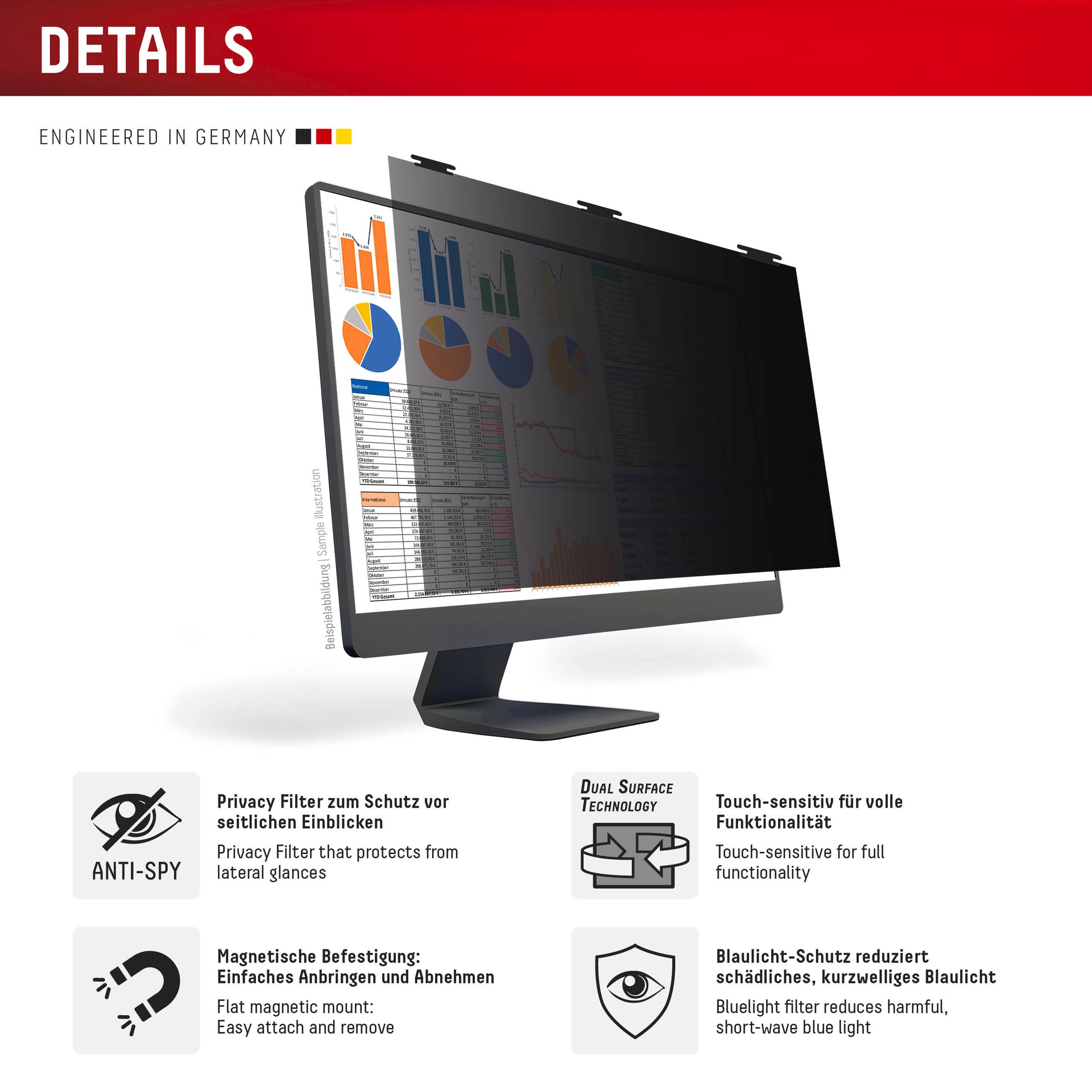 Displex Displayschutzfolie »Privacy Safe Blickschutzfilter«, für Universell für Monitore mit 24 (16:10), Blickschutzfolie, Schutzfolie, Bildschirmschutz, kratz- & stossfest