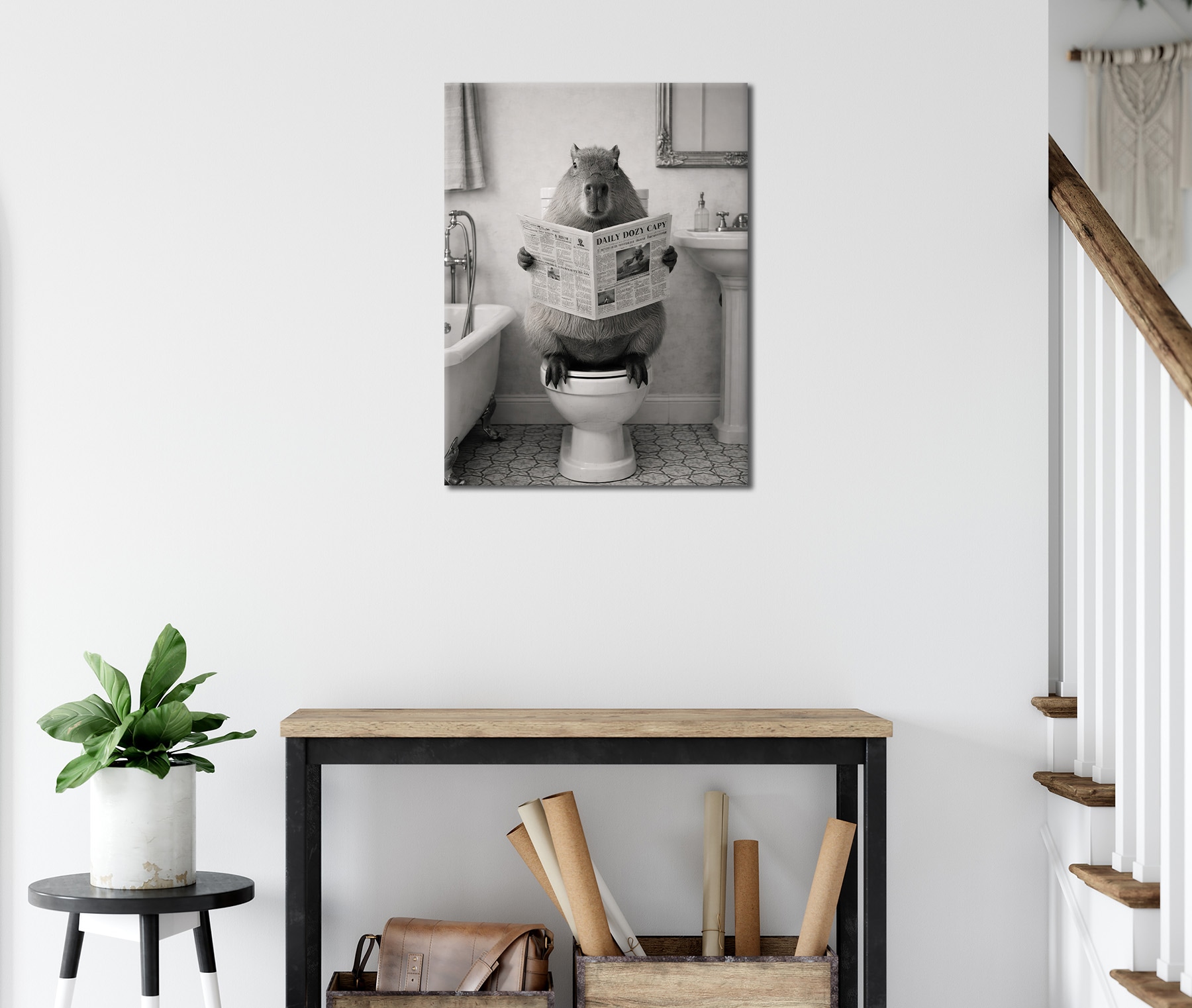 Bönninghoff Bild »Wandbild CAPYBARA AUF WC 46x61 cm – Leinwandbild Keilrahmen Deko« Humor | Tiere auf Keilrahmen gespannt