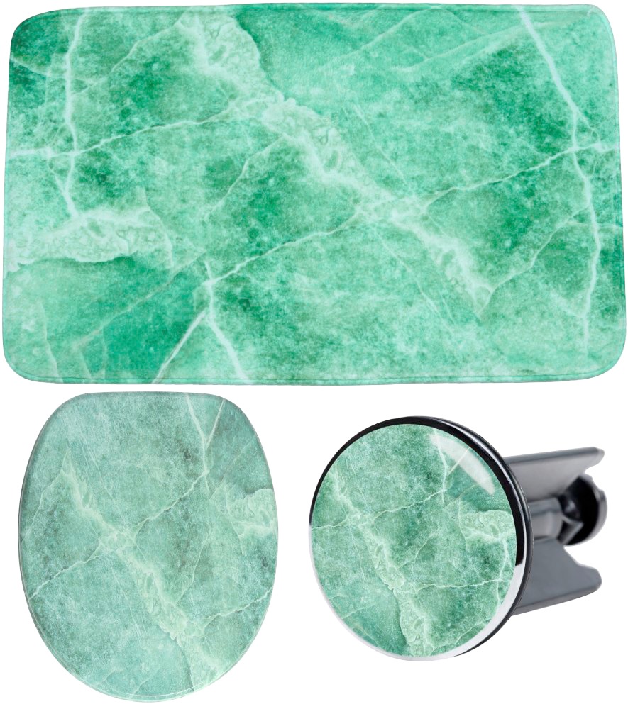 Image of Sanilo Badaccessoire-Set "Marmor Grün" bestehend aus WC-Sitz, Badteppich und Waschbeckenstöpsel