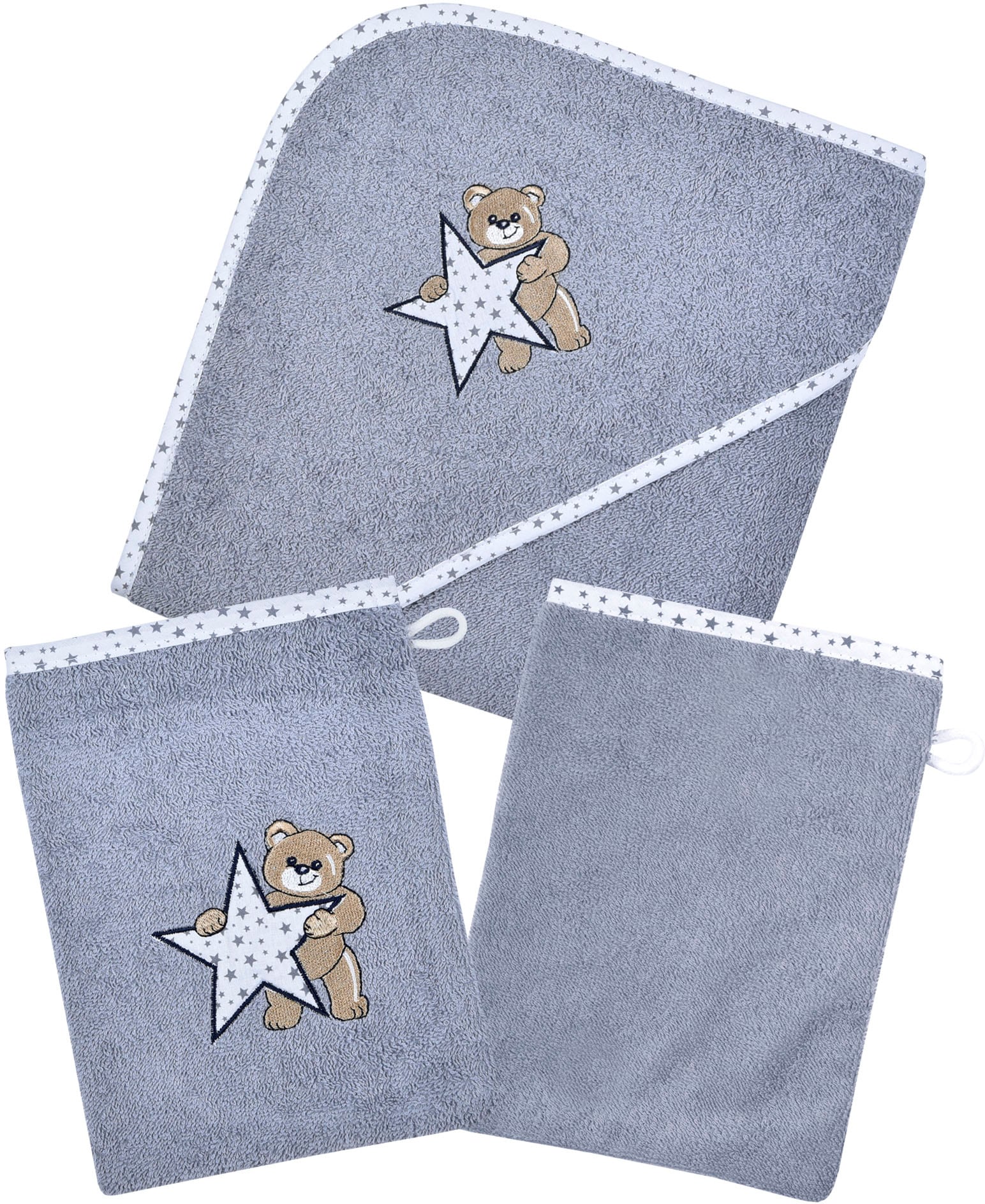 Image of Wörner Handtuch Set "Teddy/Stern Kapuzenbadetuch mit 2 Waschhandschuhen" mit süsser Teddystickerei
