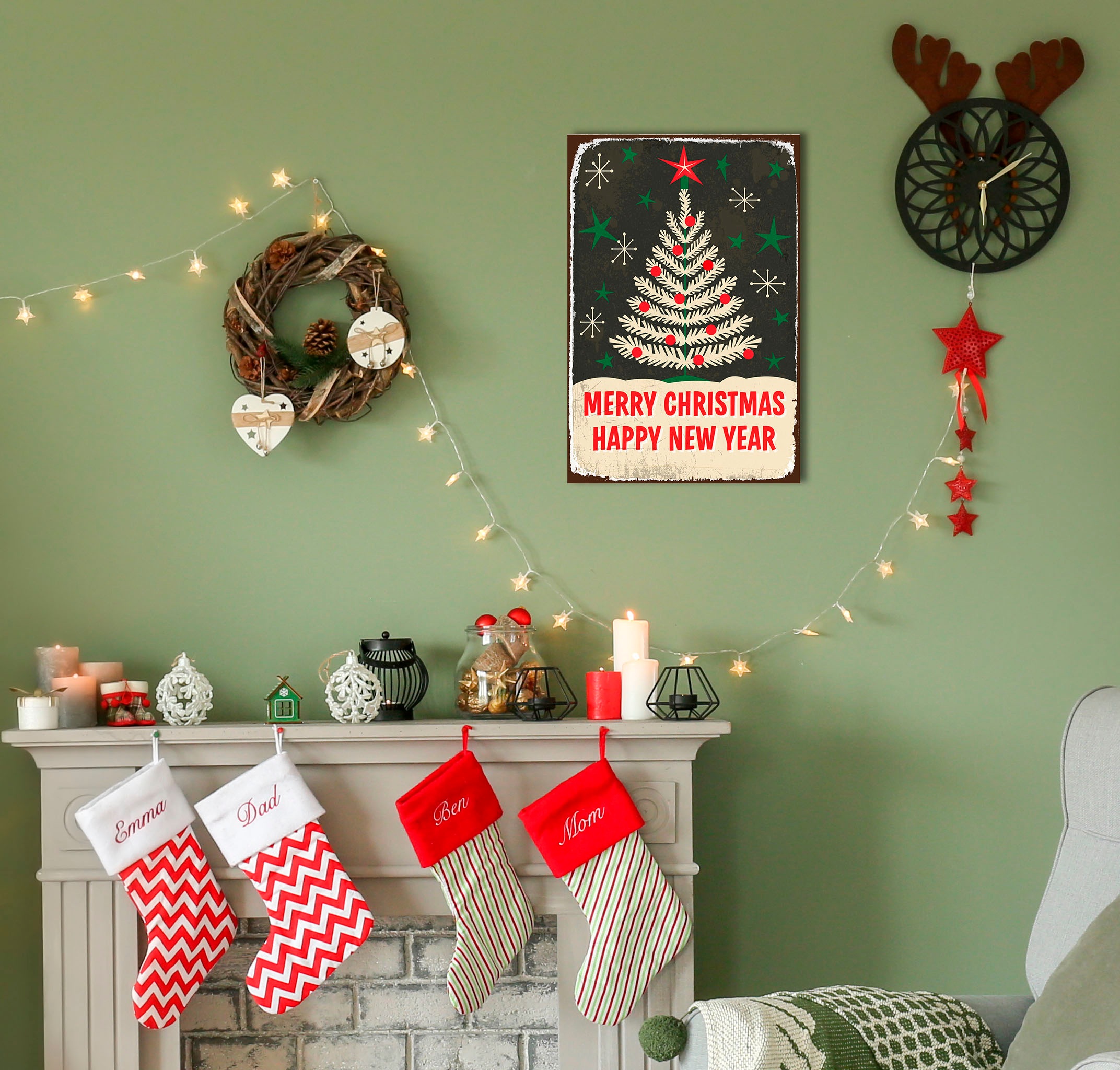 Image of queence Metallbild "Christmas & New Year" Schriftzug Schriftzüge Sterne Weihnachten Weihnachtsbaum 1 Stk. tlg. Stahlschilder
