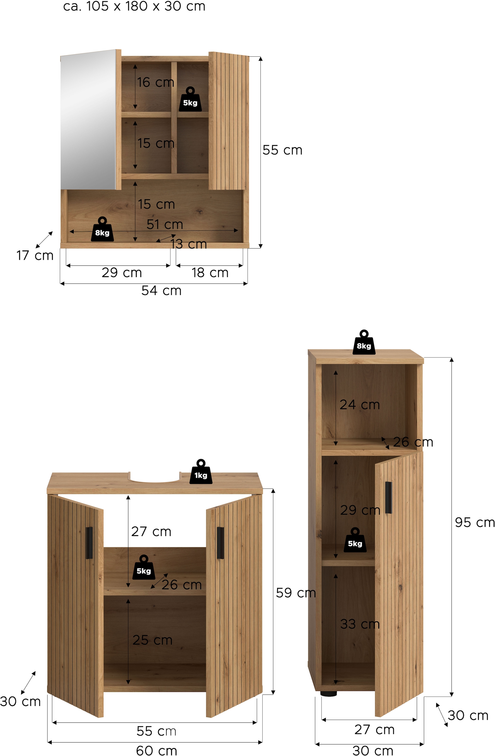 welltime Badmöbel-Set »MANI, 3-tlg. Badkombination, Paneeloptik« Set, Set, best. aus:1Badschrank, 1Spiegelschrank, 1Waschbeckenunterschrank, 3 Stk. tlg.