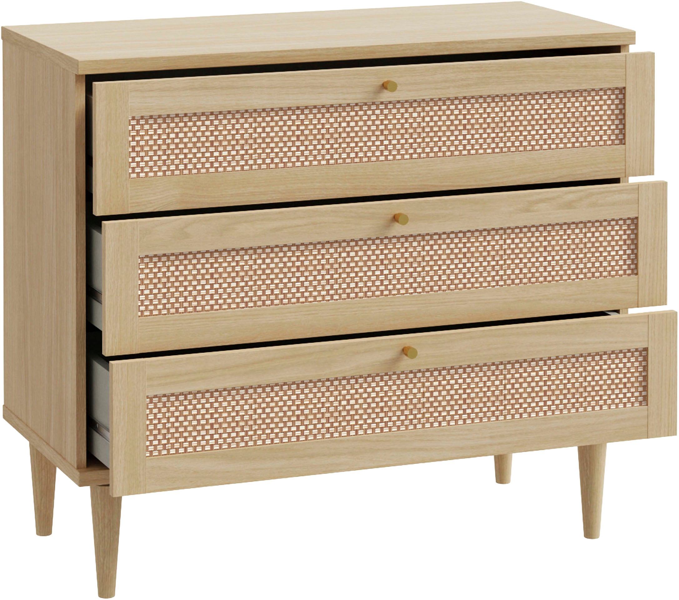 GOODproduct Kommode »ELLIAN mit Geflechtoptik warmes Holzdekor, 3 Schubkästen« Holzfüsse, Metallgriffe, Made in EU, viel Stauraum