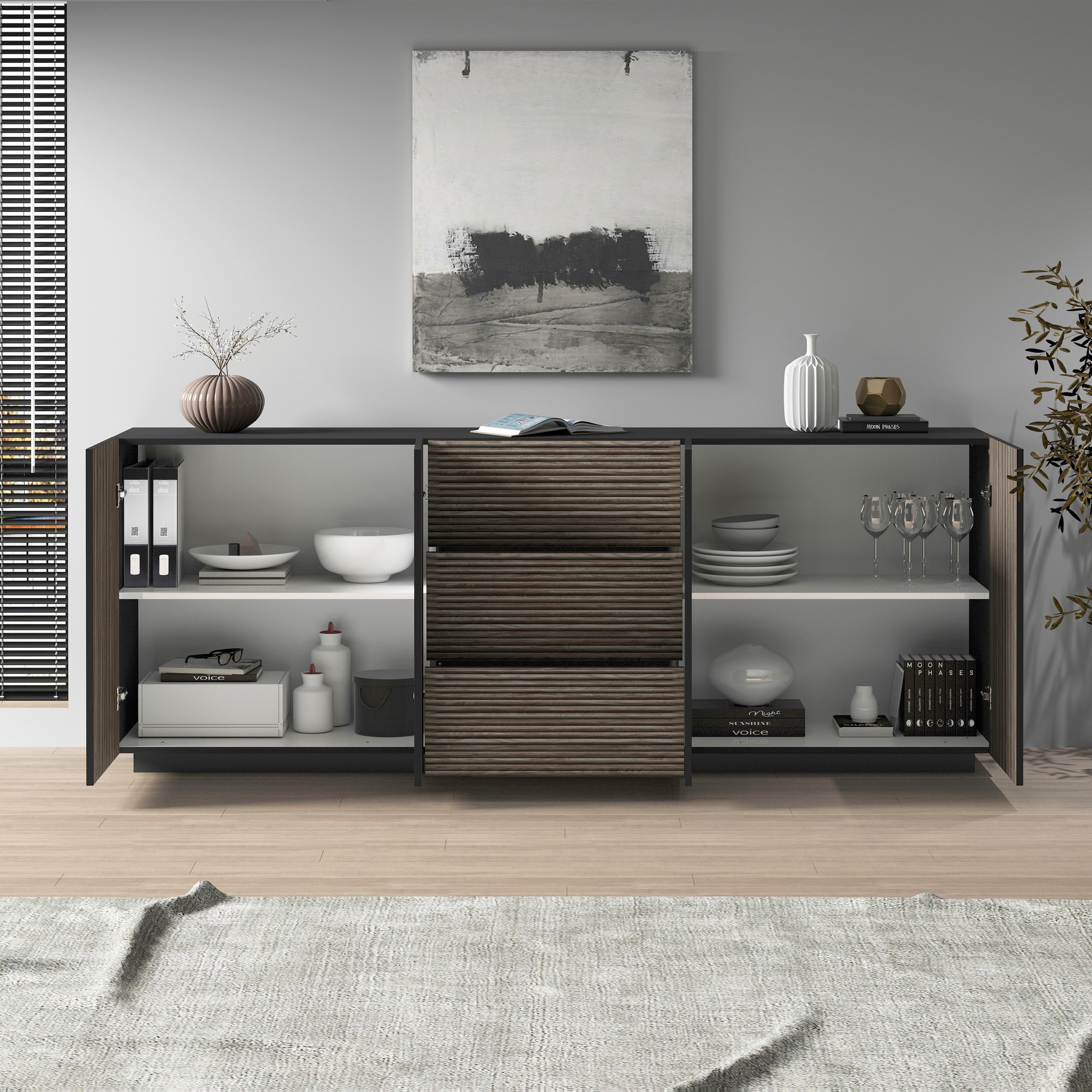 INOSIGN Sideboard »Vega Sideboard,Kommode,220 cm«, mit 4 Türen und 3 Schubladen,Fronten mit Rillen-Optik