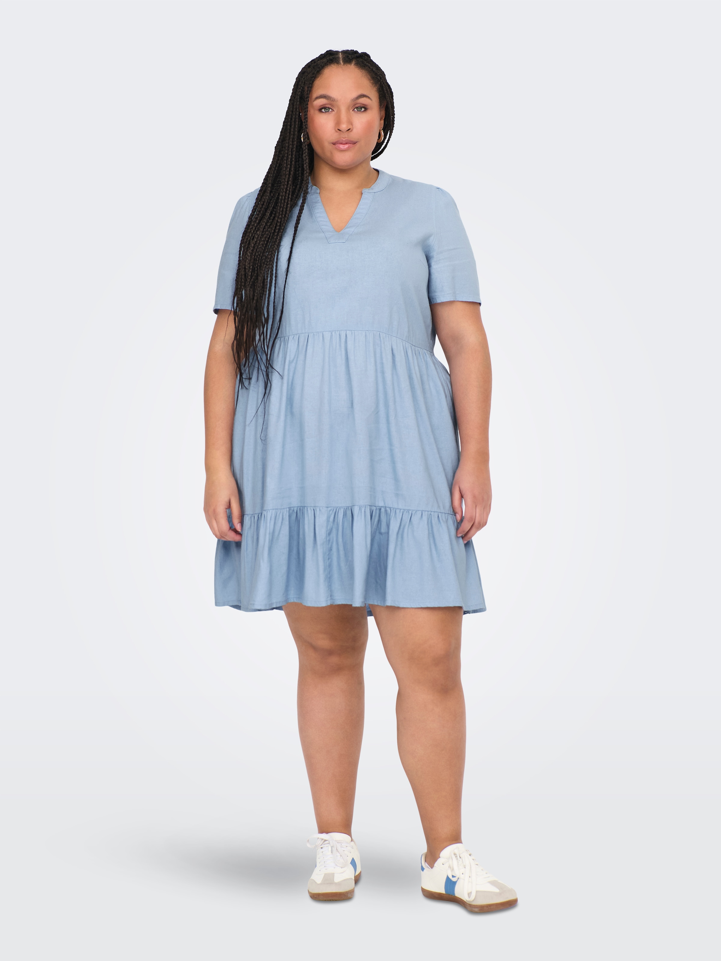 ONLY CARMAKOMA Minikleid »CARTIRI-CARO S/S V-NECK LIN DRESS TLR«, mit Volant im Tunika Style