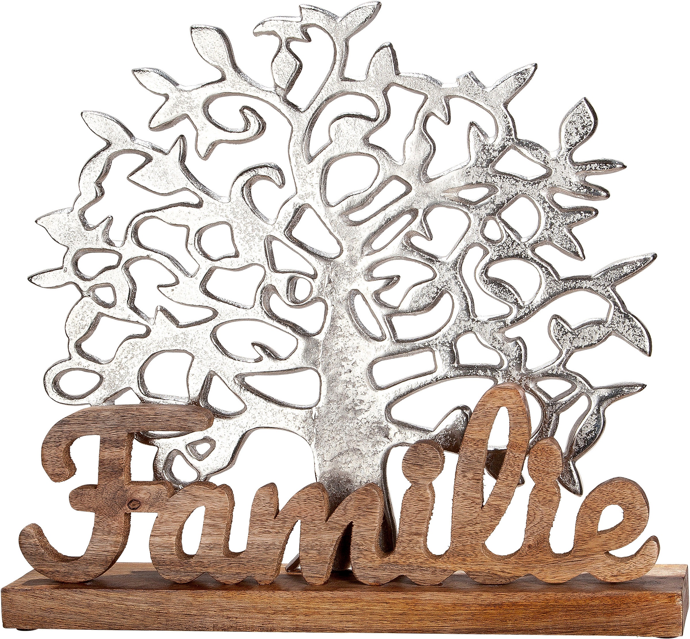 Image of GILDE Dekofigur "Lebensbaum Familie, silber" Dekoobjekt, Höhe 41 cm, mit Schriftzug, aus Metall & Holz, Wohnzimmer