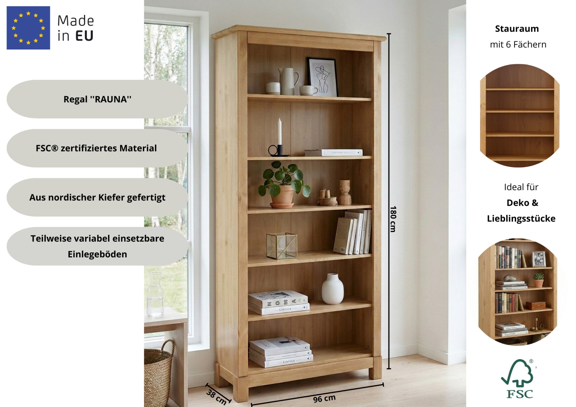 GOODproduct Bücherregal »Rauna« aus massiver Kiefer, Breite 96 cm, FSC® zertifiziert
