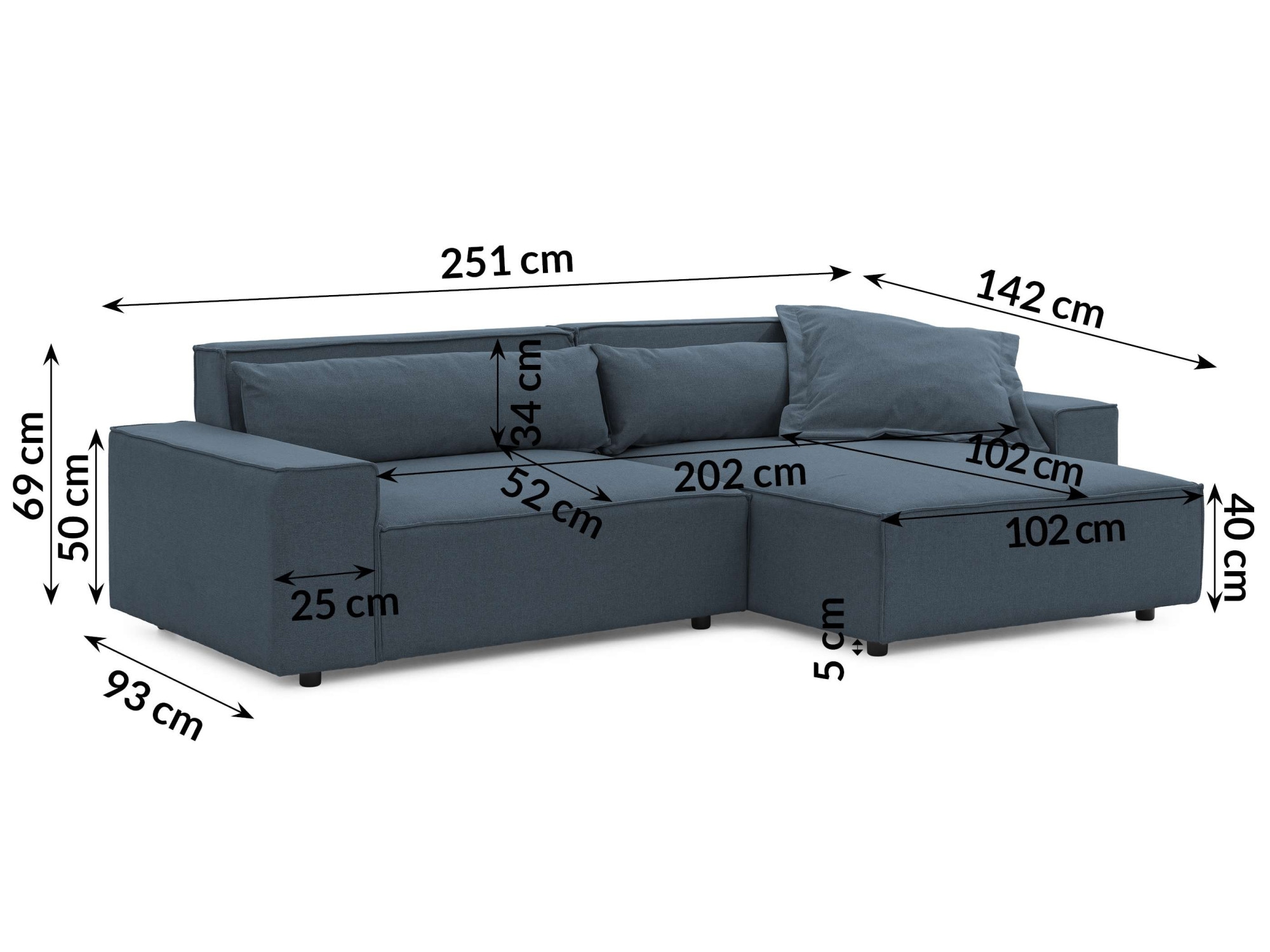 GOODproduct Ecksofa »KINLEE Design-Sofa mit Recamiere rechts/links, Masse B/T/H 251/144/70cm« L-Form mit Wellenunterfederung, ohne Bettfunktion, modern und beguem