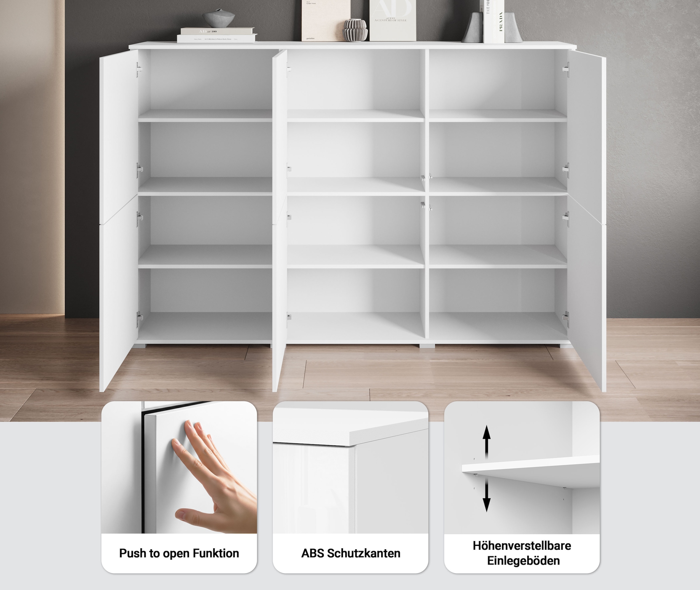 GOODproduct Highboard »Kenia, moderne grifflose Hochkommode mit 6 Türen, Breite 180 cm« 1 Stk. tlg. Push-to-Open-Fronten, höhenverstellbaren Einlegeböden
