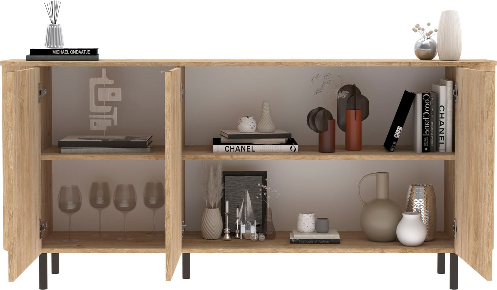 Home affaire Sideboard »Murano, 181 cm breit, 3 Türen, Anrichte, Kommode, Stauraumschrank« Formgebogenes MDF, Stirnseiten mit Rundung, Füsse und Griffe aus Metall