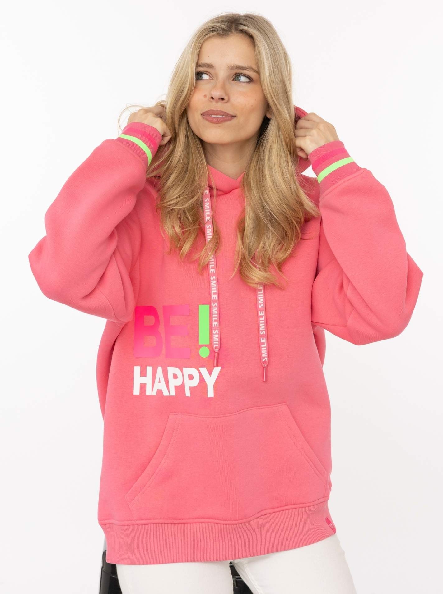 Image of Zwillingsherz Hoodie ""Be Happy"", gestreifte Bündchen, Aufdruck auf Brust, Kapuze, Kängurutasche