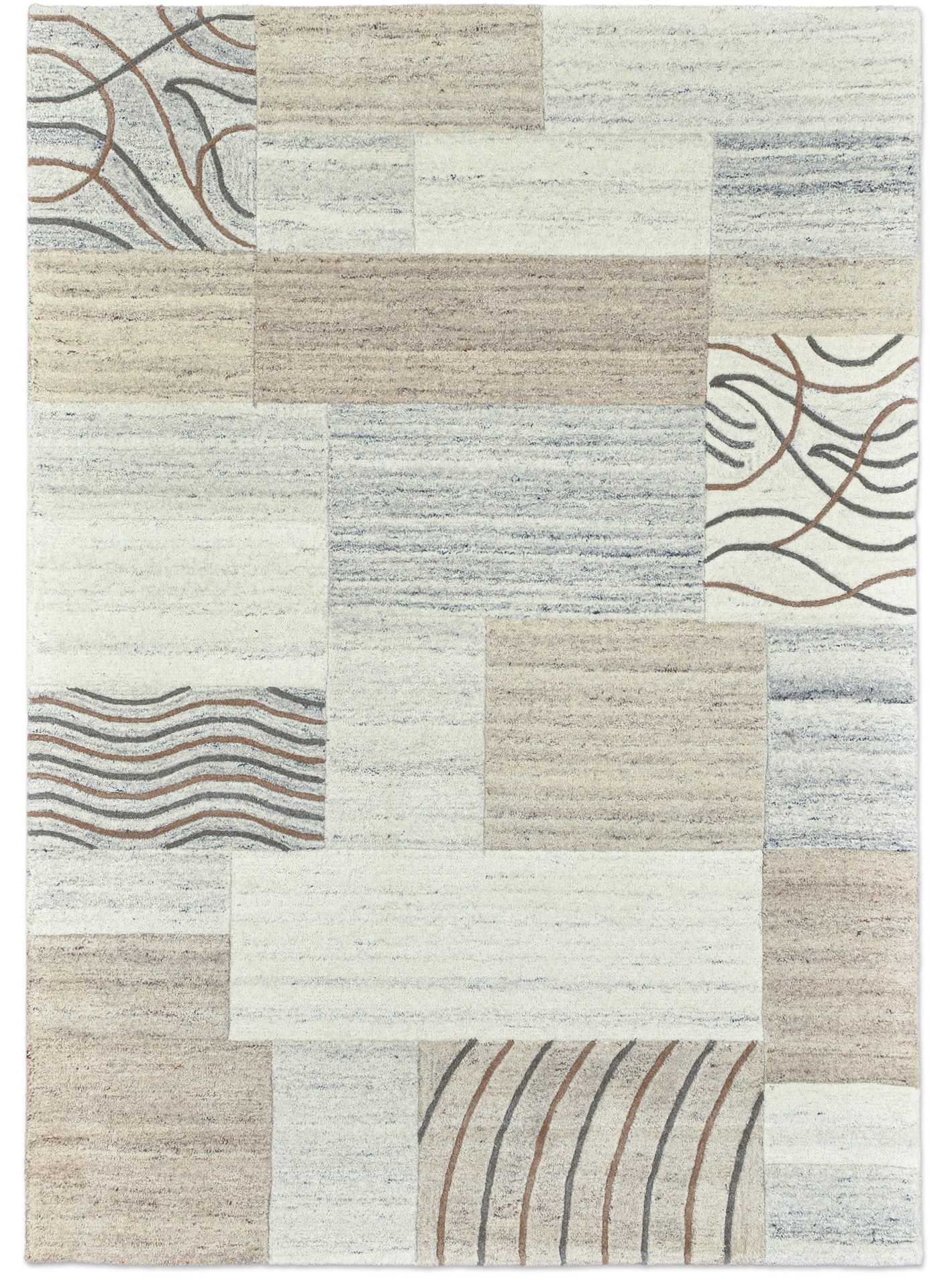 Image of THEKO Wollteppich "Royal Natur 4028" rechteckig 14 mm Höhe reine Wolle, handgetuftet, Naturtöne, Patchworkdesign, meliert