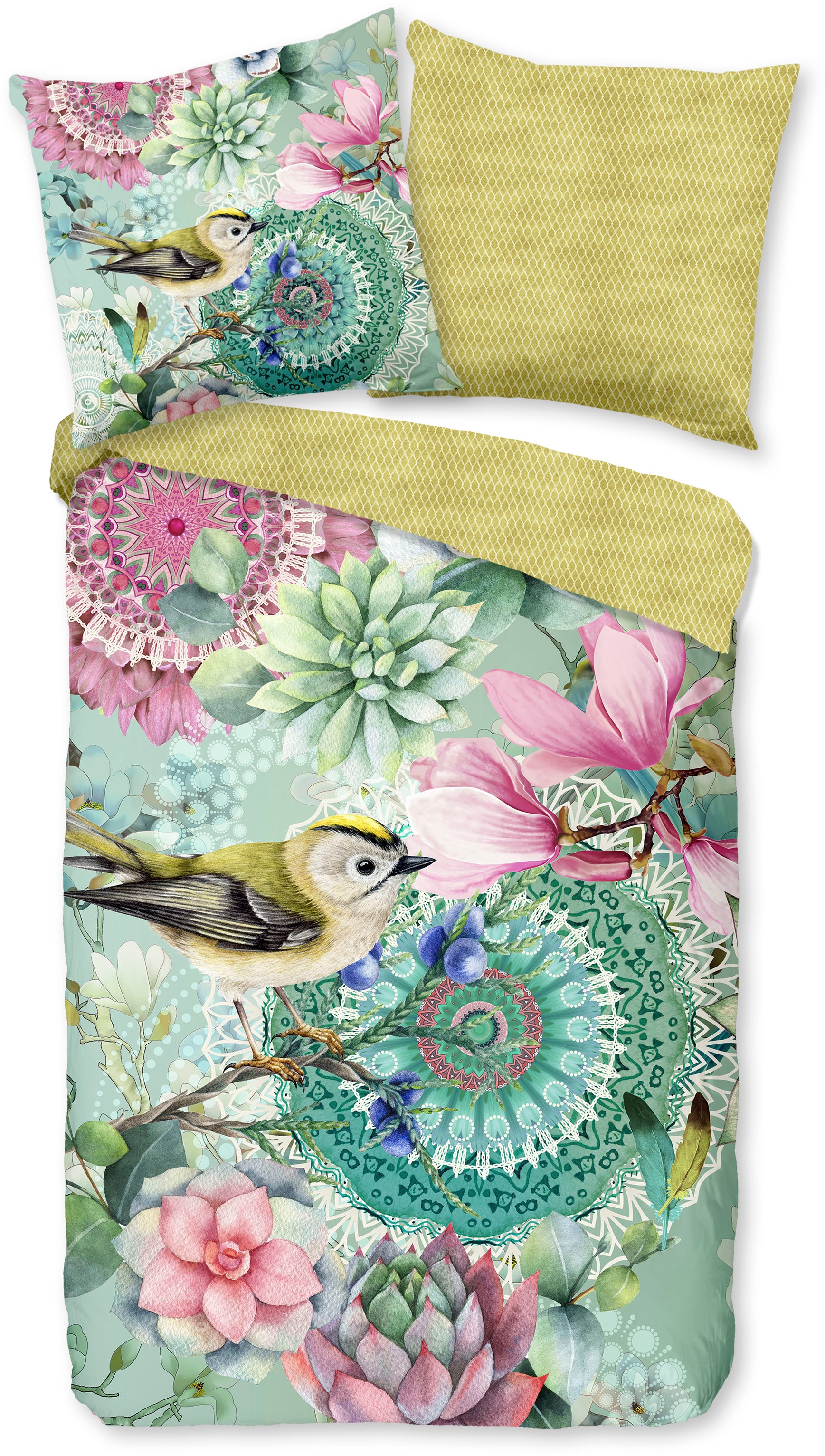hip Wendebettwäsche »XABINE«, Mako-Satin, 135x200, Reissverschluss, Wende, Mandala,Vogel Blumen, Grün