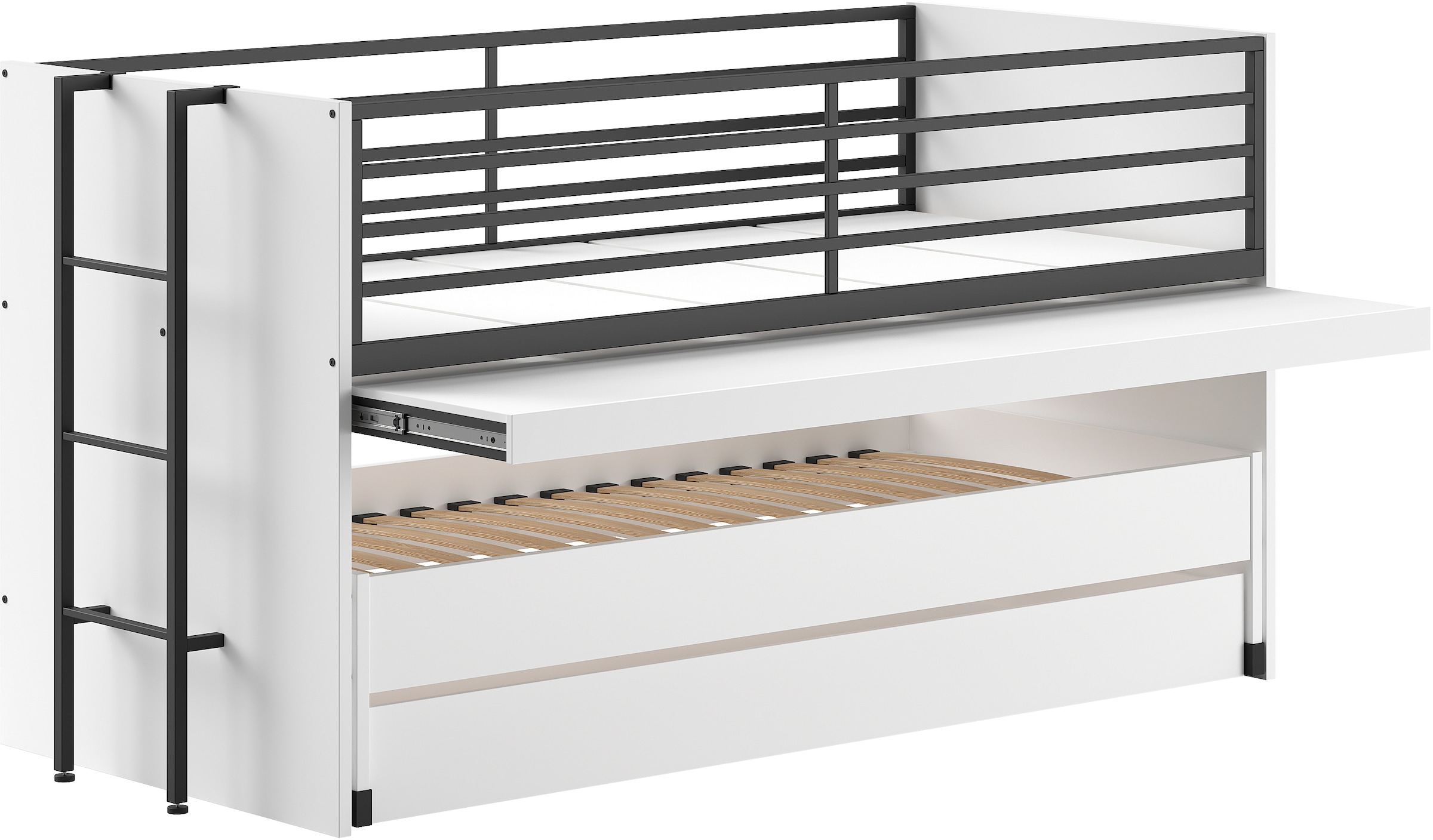 Vipack Etagenbett »praktisches Etagenbett mit viel Funktion, 2 Dekore zur Wahl« B/H/T ca. 219x114x98cm, Metall Leiter und Absturzschutz in schwarz,  für kleine Räume, 2 Liegefl., Bettschublade, inkl. Schreibtisch