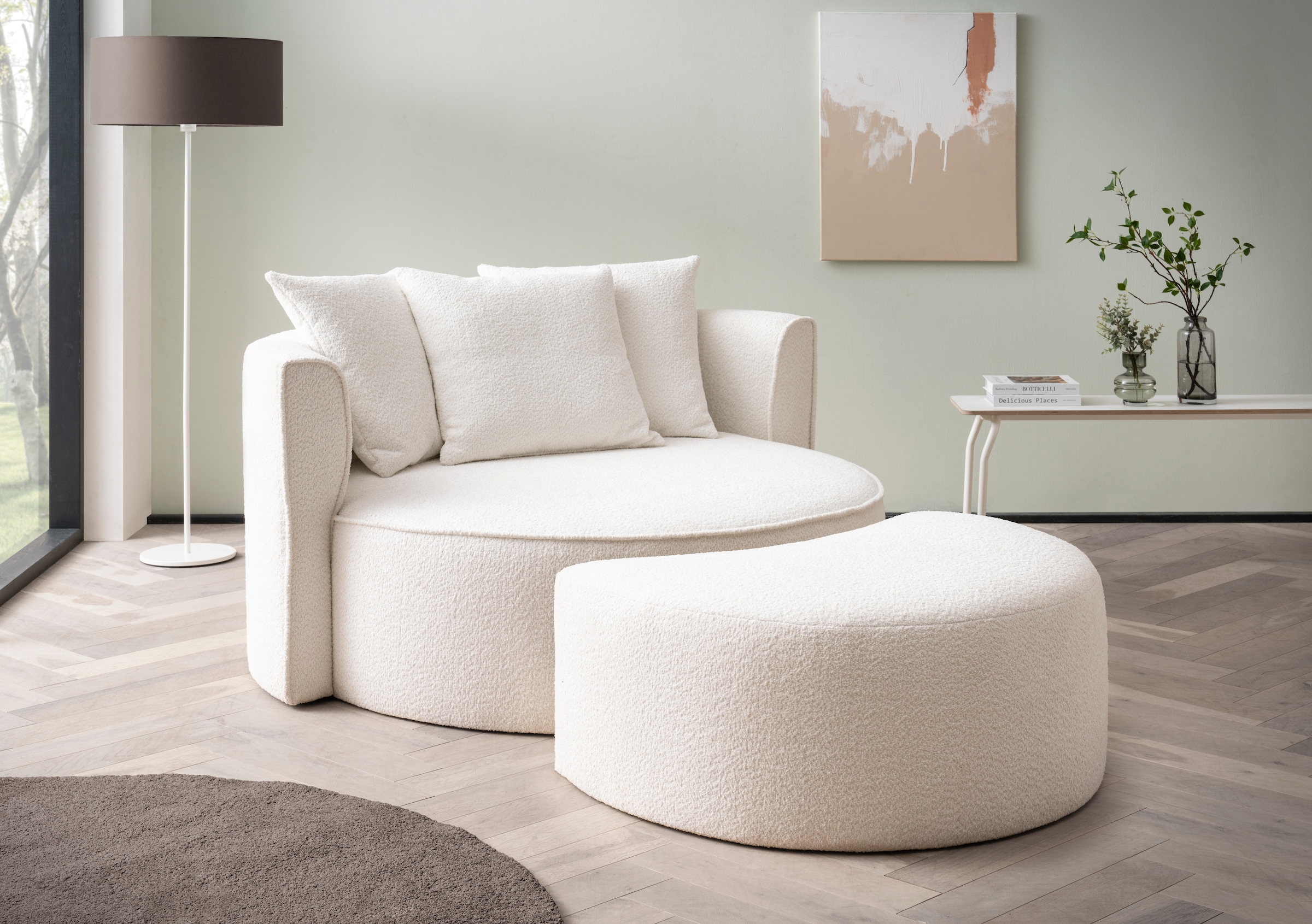 LeGer Home by Lena Gercke XXL-Sessel »ISALIE, Rundsessel mit Hocker, Lesesessel, Loveseat, Big-Sessel«, (Set), trendige Stoffe, 3 Zierkissen, grosse Sitzfläche, Cord, Samt, Bouclé