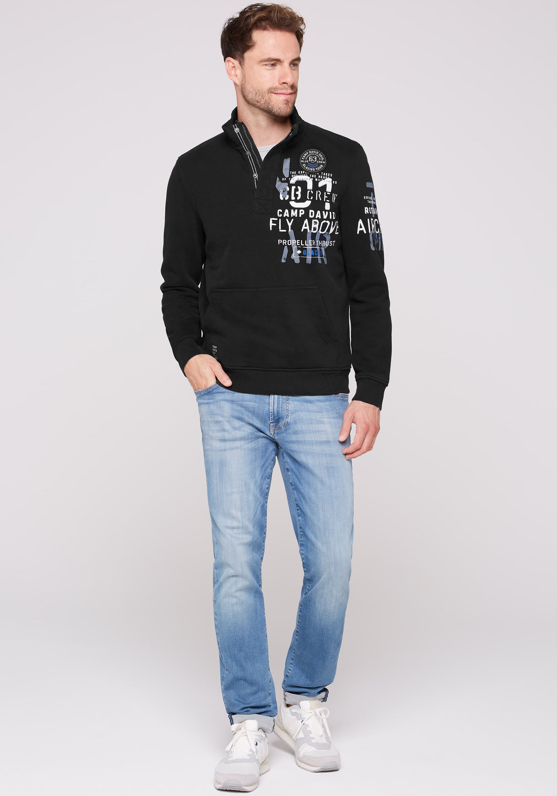 CAMP DAVID Sweatshirt, Troyer mit Känguru-Tasche und Prints