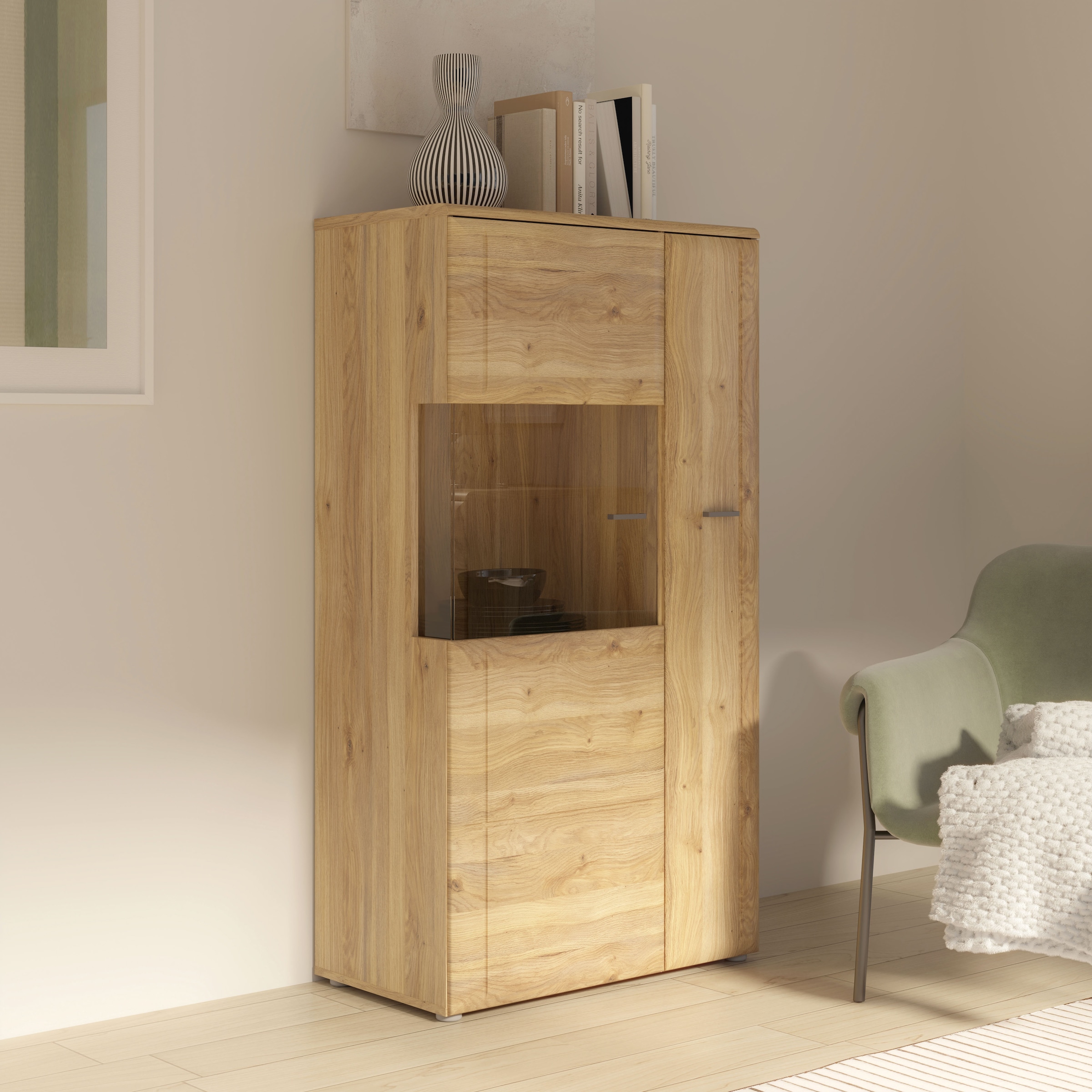 FORTE Vitrine »Akinori« B/H/T 75,1/140/41,8 cm,  Highboardvitrine, Glastüre , Soft Close, MDF Front