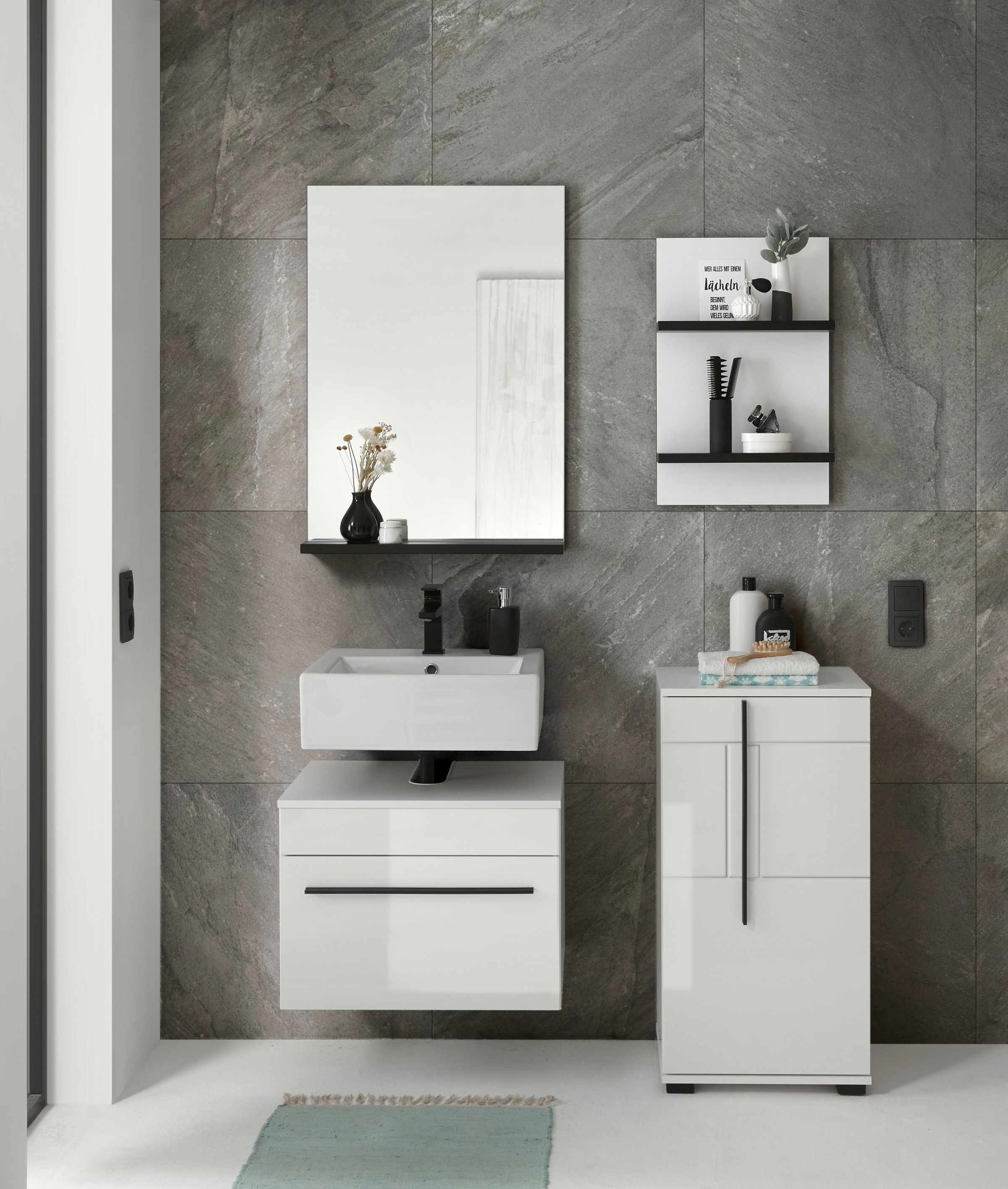 INOSIGN Badmöbel-Set »Cantara, Bad im modernen Design, 4-teiliges Badezimmer«, (Set, 4 St.), Unterschrank, Schrank, Hängeregal und Spiegel, in Weiss Hochglanz