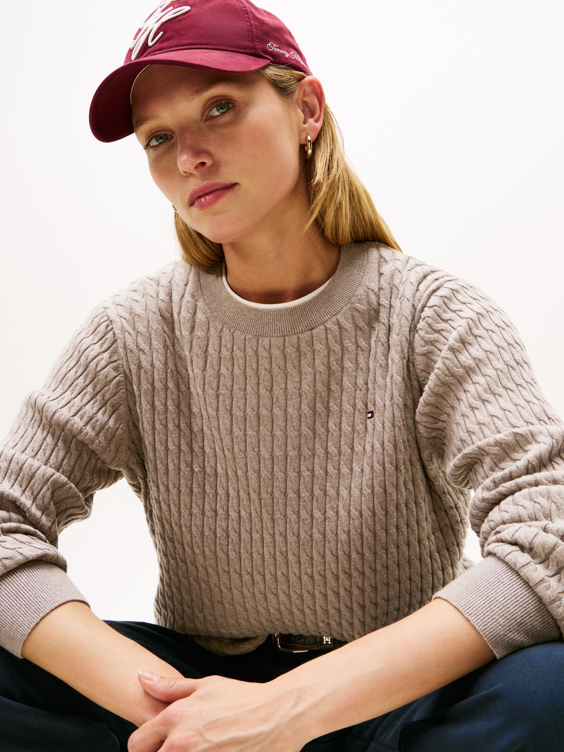 Tommy Hilfiger Rundhalspullover »CO CABLE C-NK LS SWEATER« Baumwolle, mit Zopfmuster