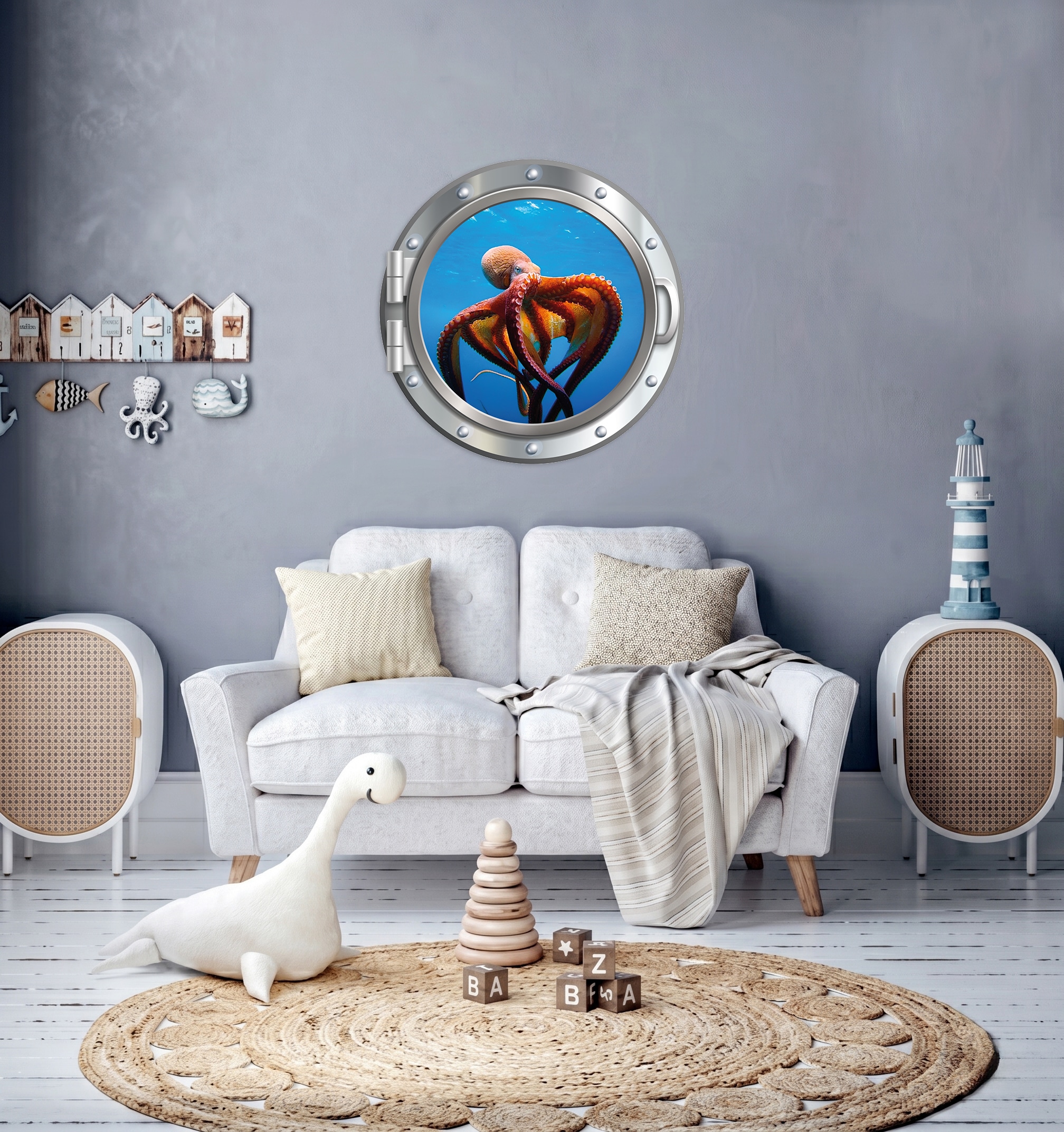 Image of queence Wandsticker "3D Bullauge Illusion Tintenfisch Korallen 40x40 cm" Selbstklebender Wanddurchbruch Unterwasser