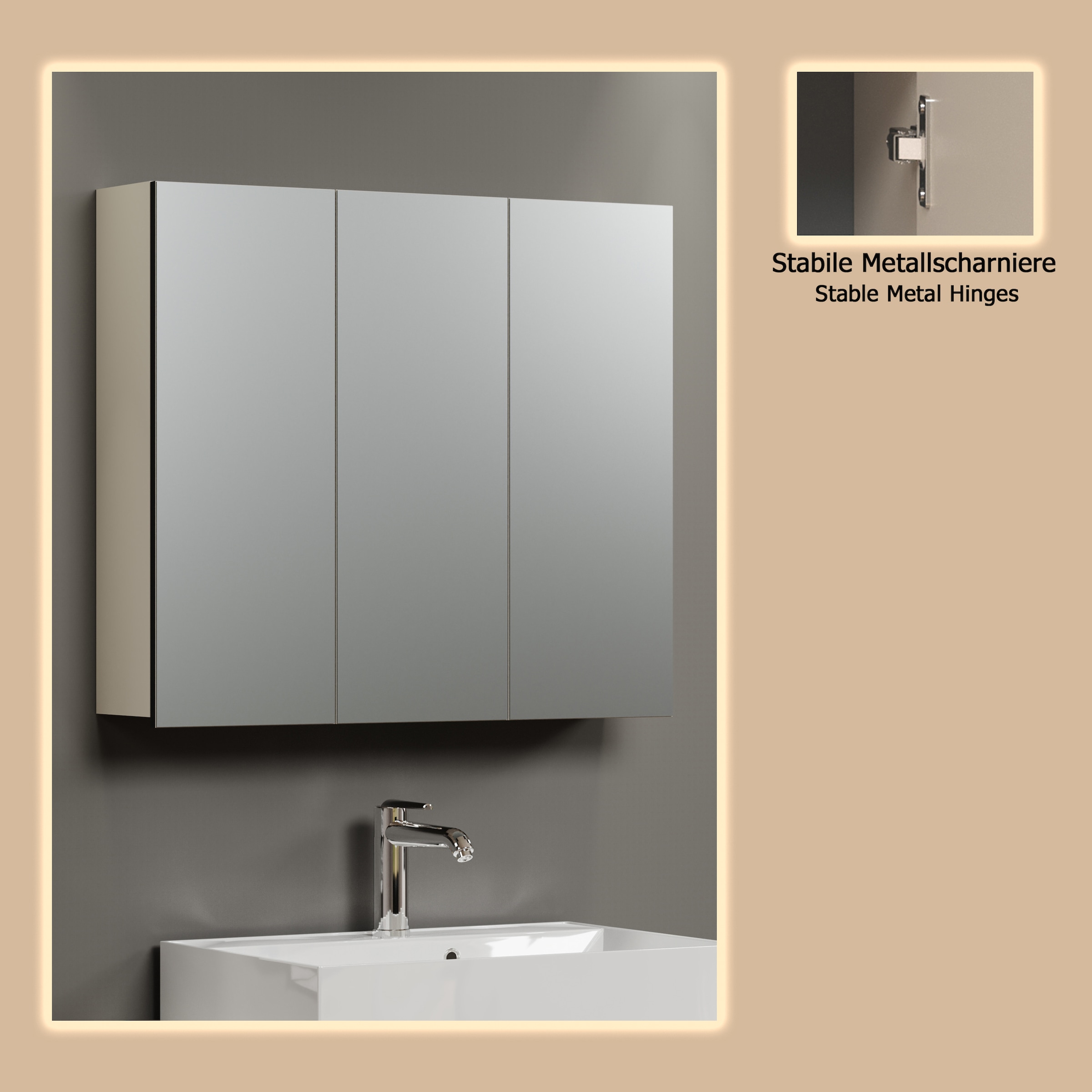 welltime Spiegelschrank »Amrum« 1 Stk. tlg. 3-Türiger Badspiegel mit Stauraum - Masse (B/T/H) 90/20/80 cm