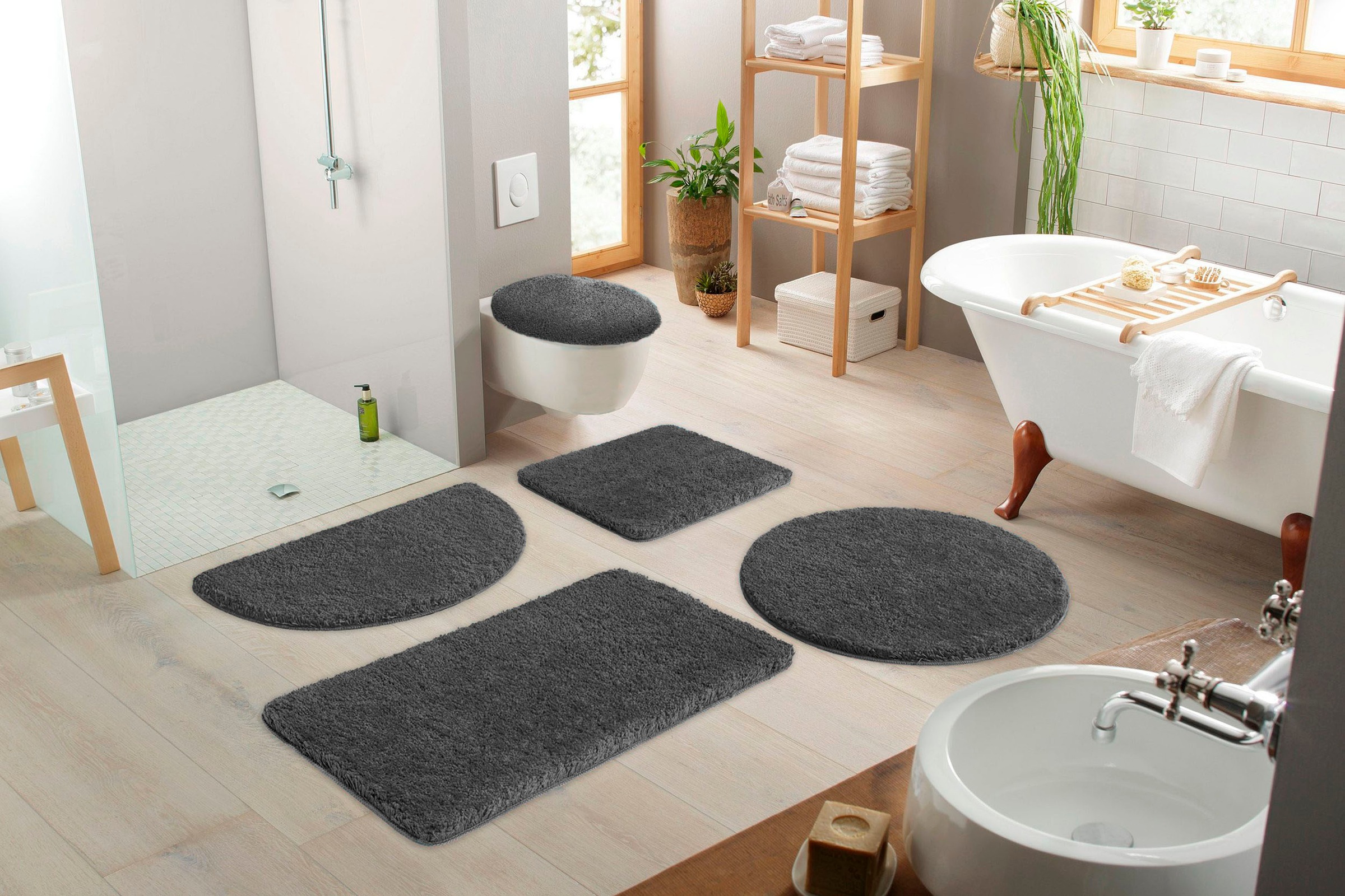 my home Badematte »Sanremo, Badvorleger, Badezimmer Teppich, sehr weich«, rutschhemmend beschichtet, fussbodenheizungsgeeignet-schnell trocknend, Badteppich, unifarben, rechteckig, rund & als 3-tlg. Set erhältlich