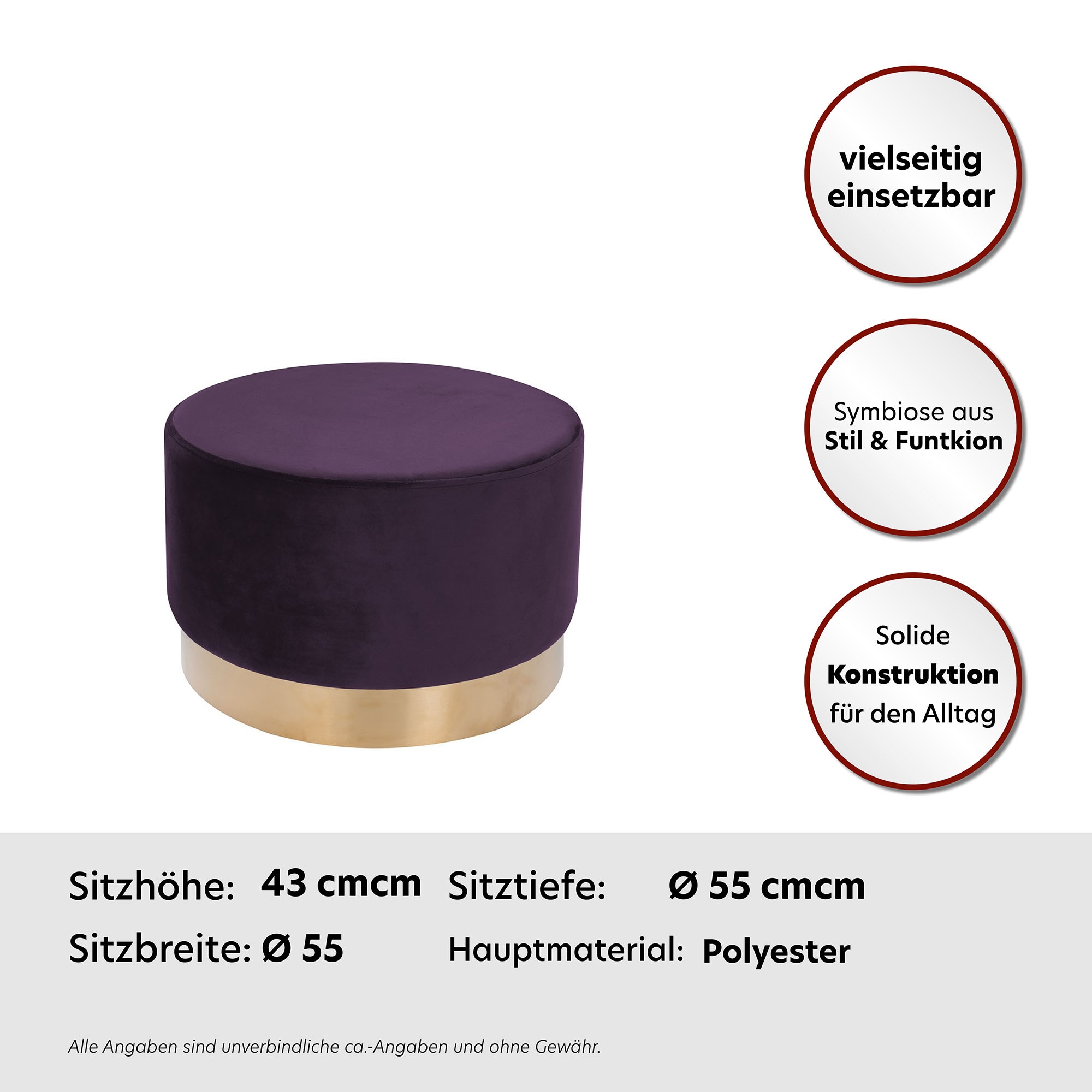 Kayoom Hocker »Nano 510, Hocker in stilvollem Design,weiche Schaumstoff-Sitzfläche«, (1 St.), Golz Akzente, mit pflegeleichtem Stoffbezug, grosse runde Form