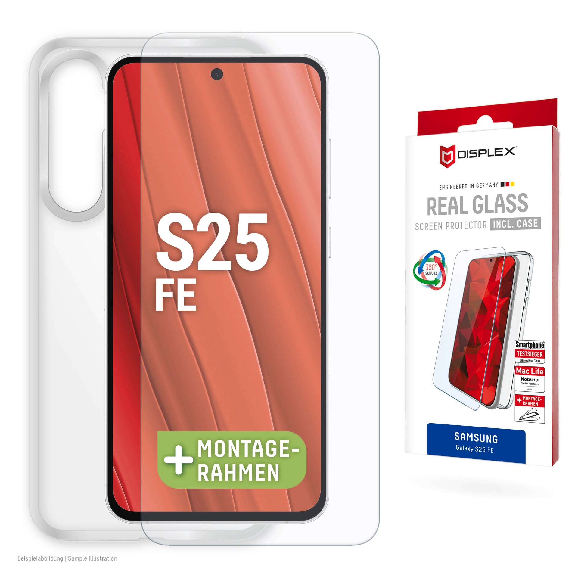 Displex Displayschutzglas "Real Glass Screen Protector inklusive Case" für Samsung Galaxy S25 FE Displayschutzfolie, Schutzfolie, Bildschirmschutz, kratz- & stossfest