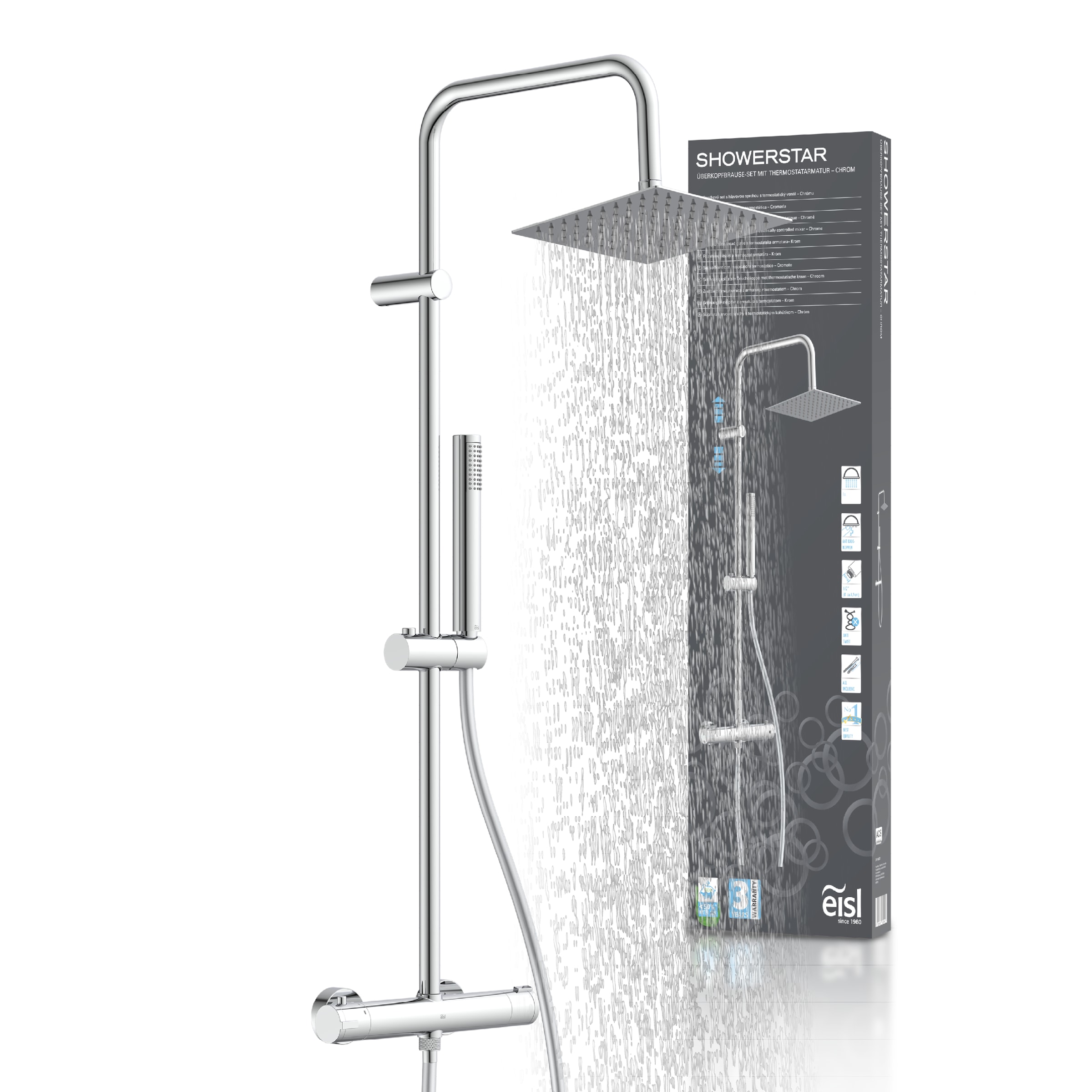 Image of Eisl Duschsystem "SHOWERSTAR" Komplett-Set, Regendusche 20x20cm, Umsteller, Antikalk, höhenverstellbar, Thermostat