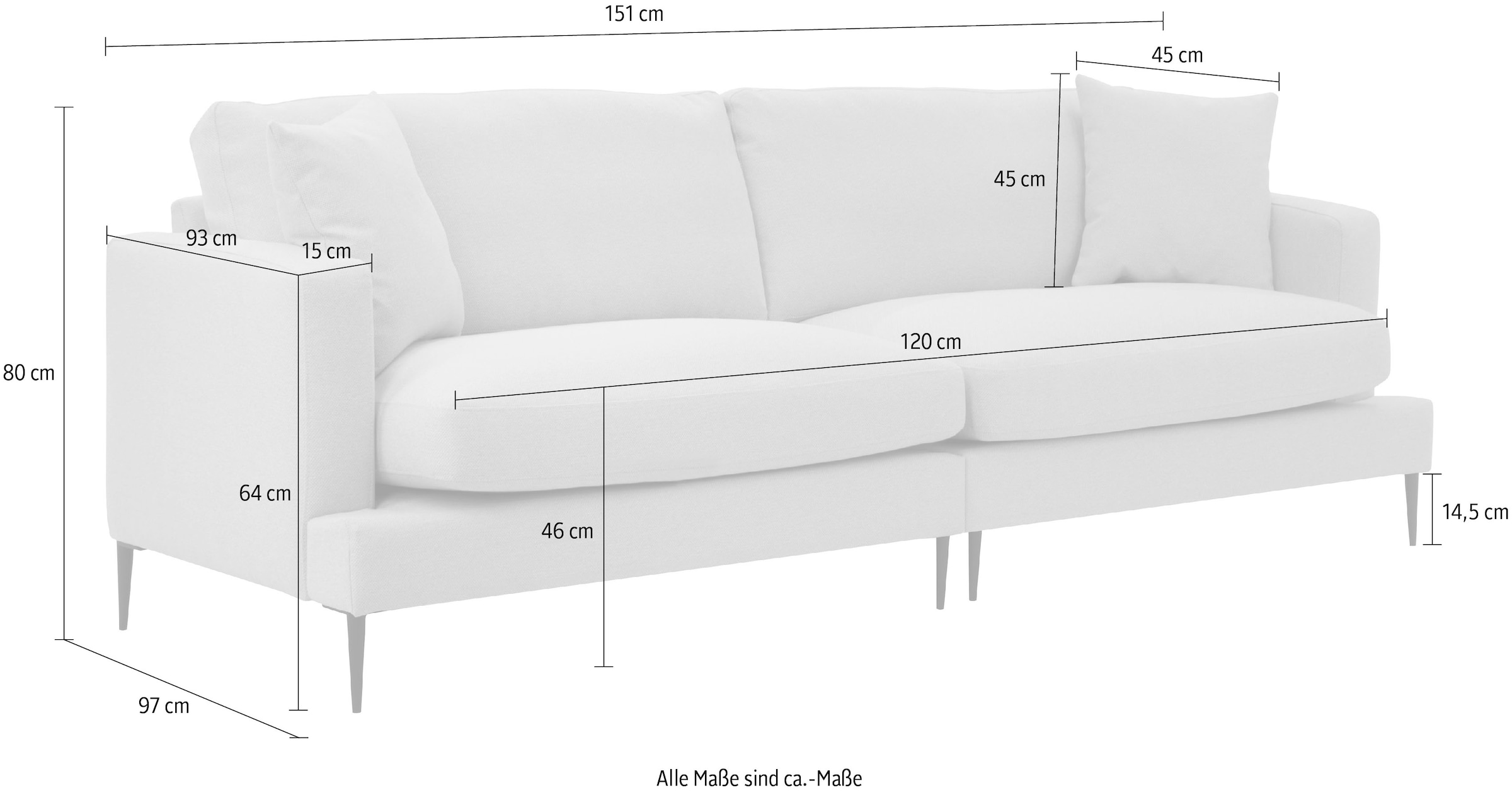Leonique 2-Sitzer »Cozy elegantes Designsofa, Masse B/T/H: 151/97/80 cm«, mit losen Kissen und Metallbeinen