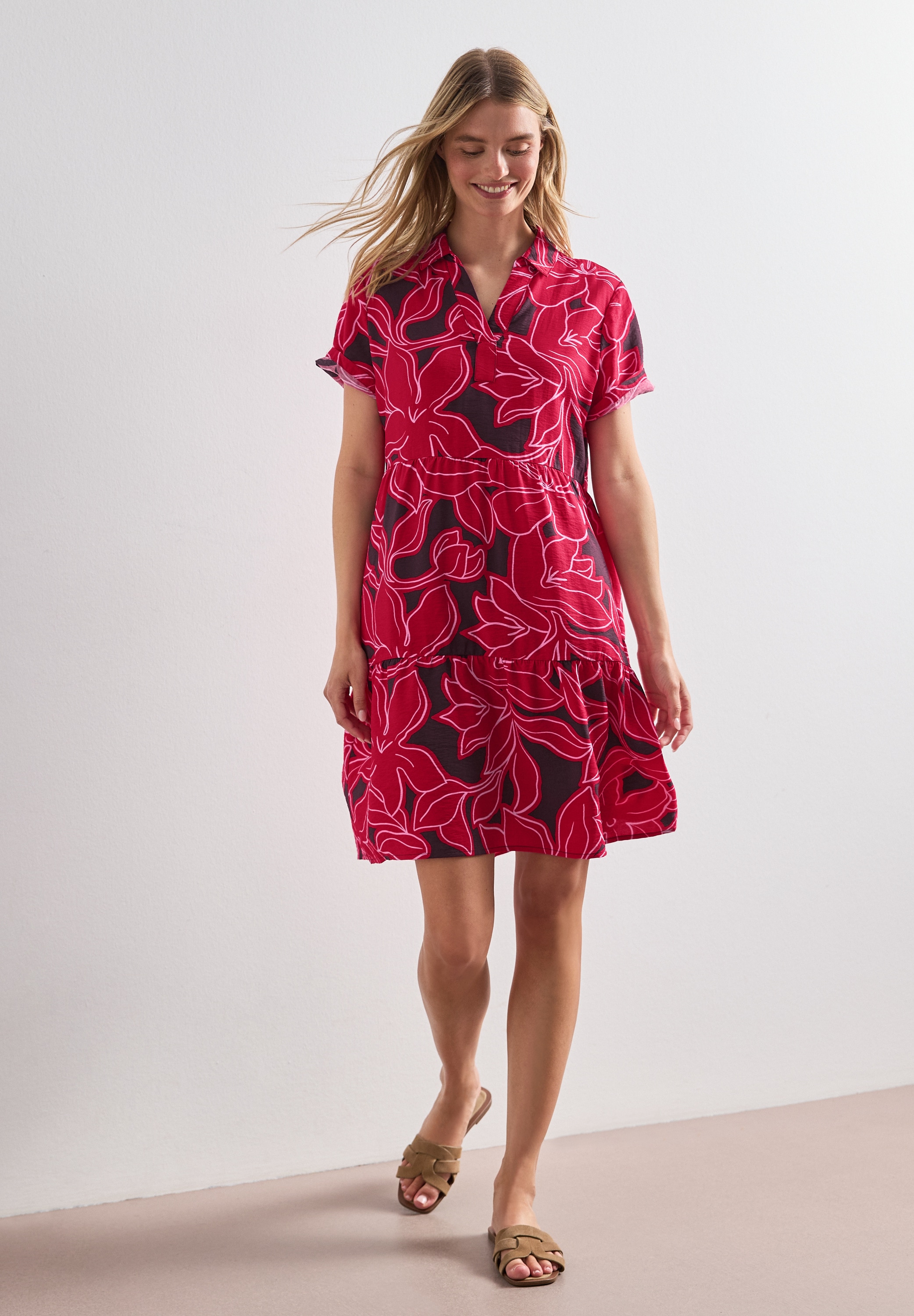 STREET ONE Druckkleid Ohne Taschen Knielanges Sommer-Kleid mit Kurzarm und floralem Muster