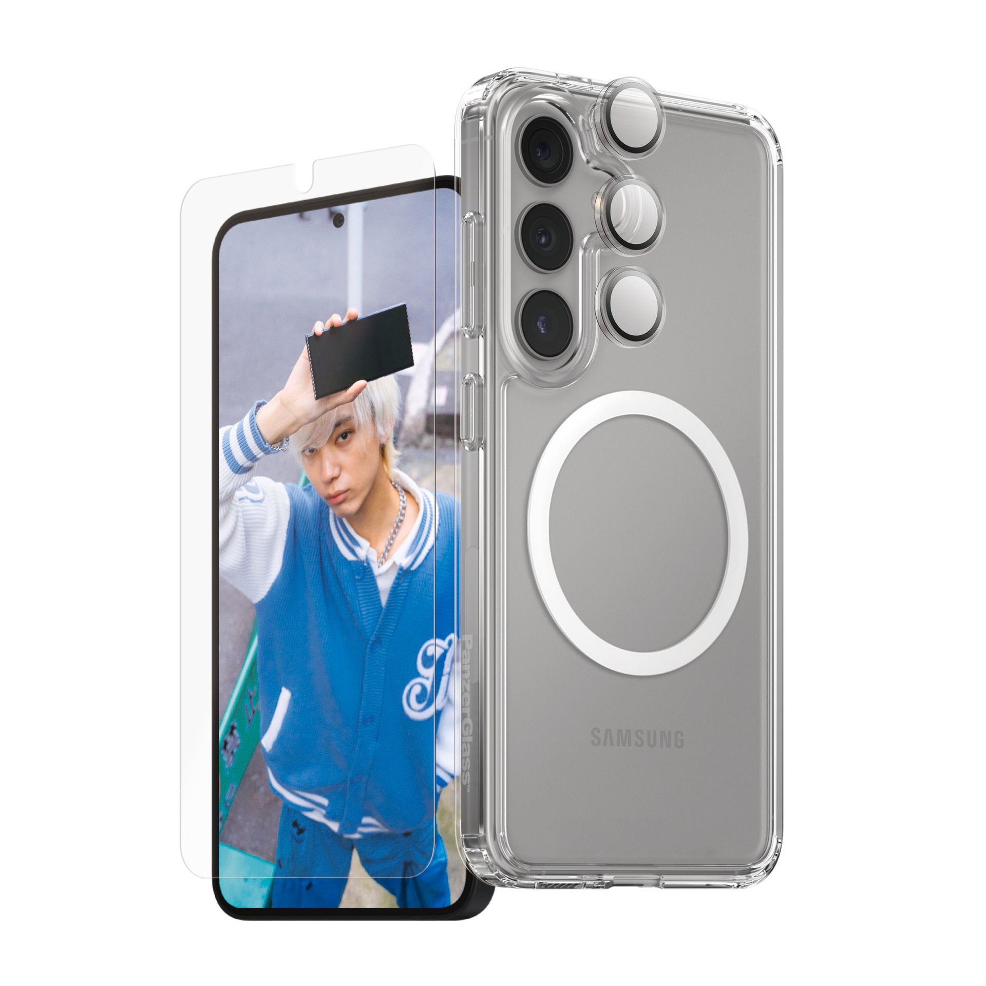 CARE by PanzerGlass Displayschutzglas »3-in-1 Protection Set«, für Samsung Galaxy S25+, Displayschutzfolie, Schutzfolie, Bildschirmschutz, kratz- & stossfest