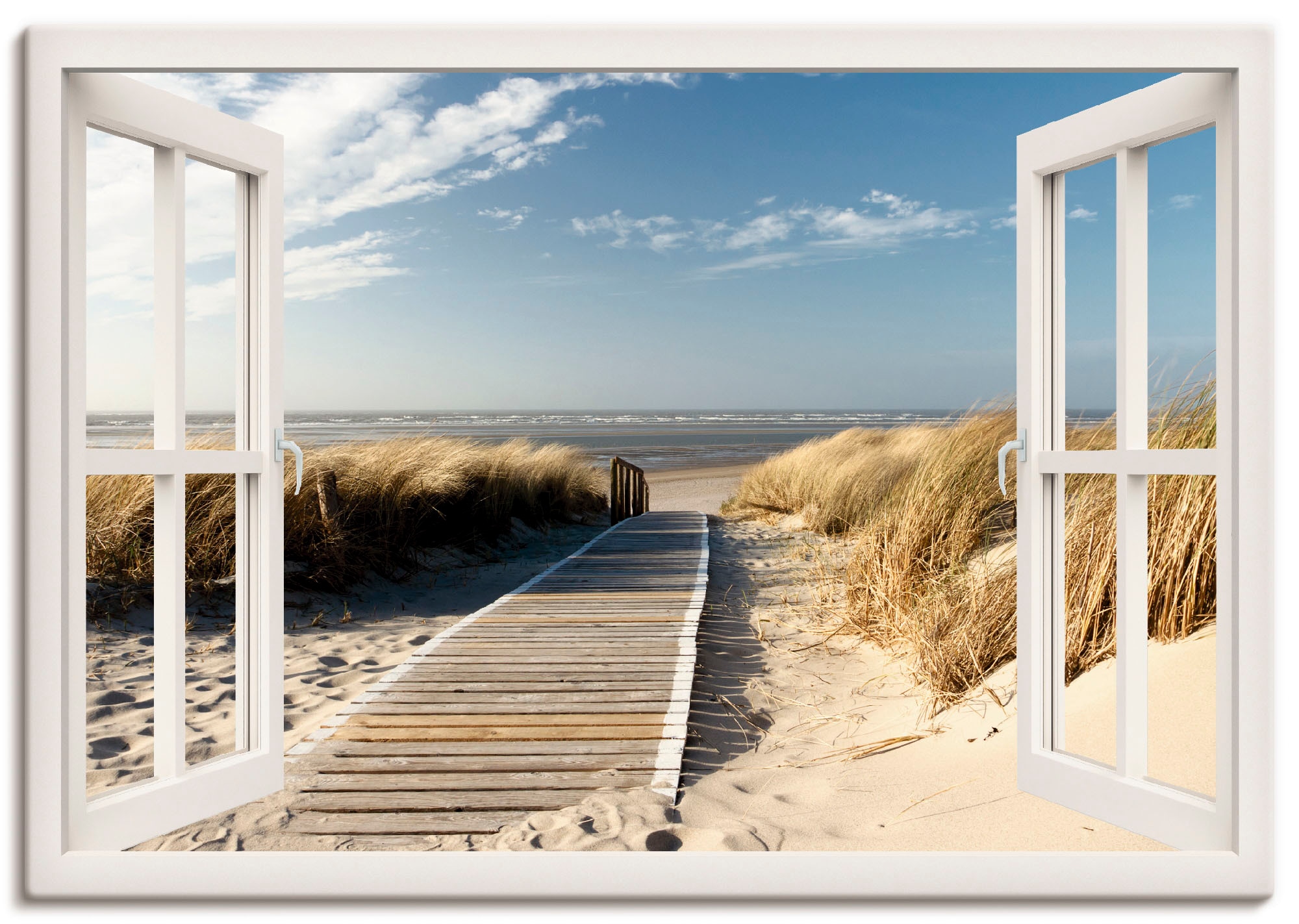 Grössen Poster Langeoog«, in auf Nordseestrand oder Leinwandbild, kaufen Wandaufkleber als Artland Fensterblick, Wandbild St.), versch. (1 bequem »Fensterblick