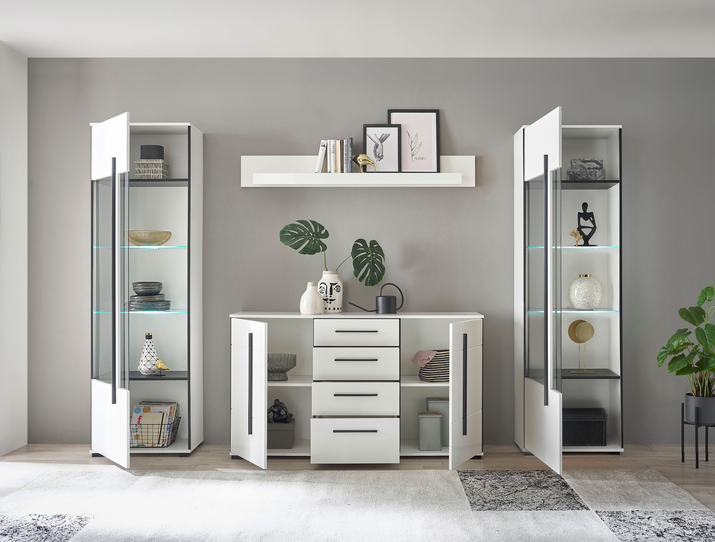 INOSIGN Wohnwand »Cantara, moderne Anbauwand, Wohnzimmer-Set, in Eiche Evoke oder Weiss«, (Set), enthält zwei Vitrinen, ein Sideboard und ein Wandboard