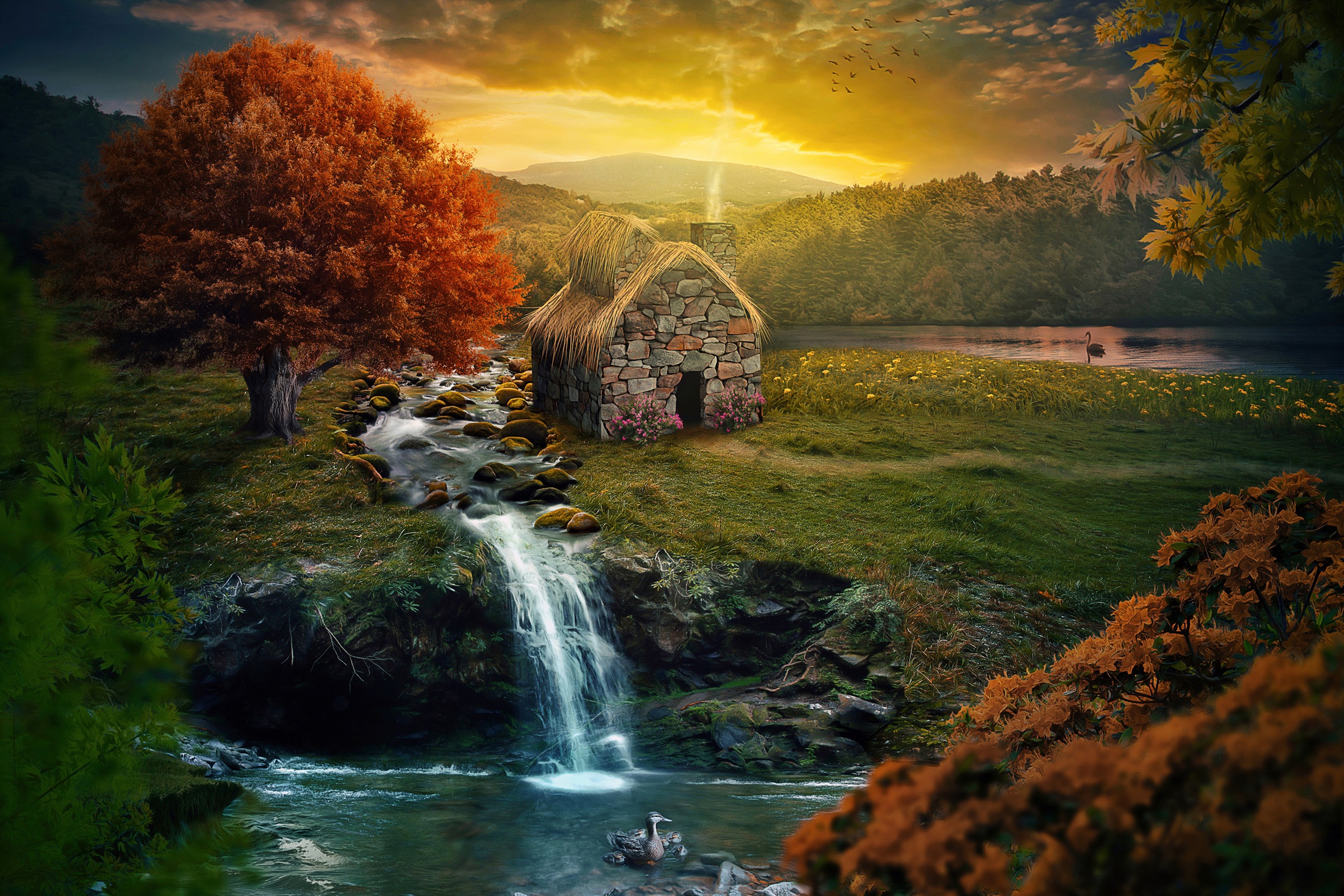 Image of Papermoon Fototapete "NATUR-IDYLLE-RUHIG BERGE WASSERFALL FLUSS BACH HERBST"