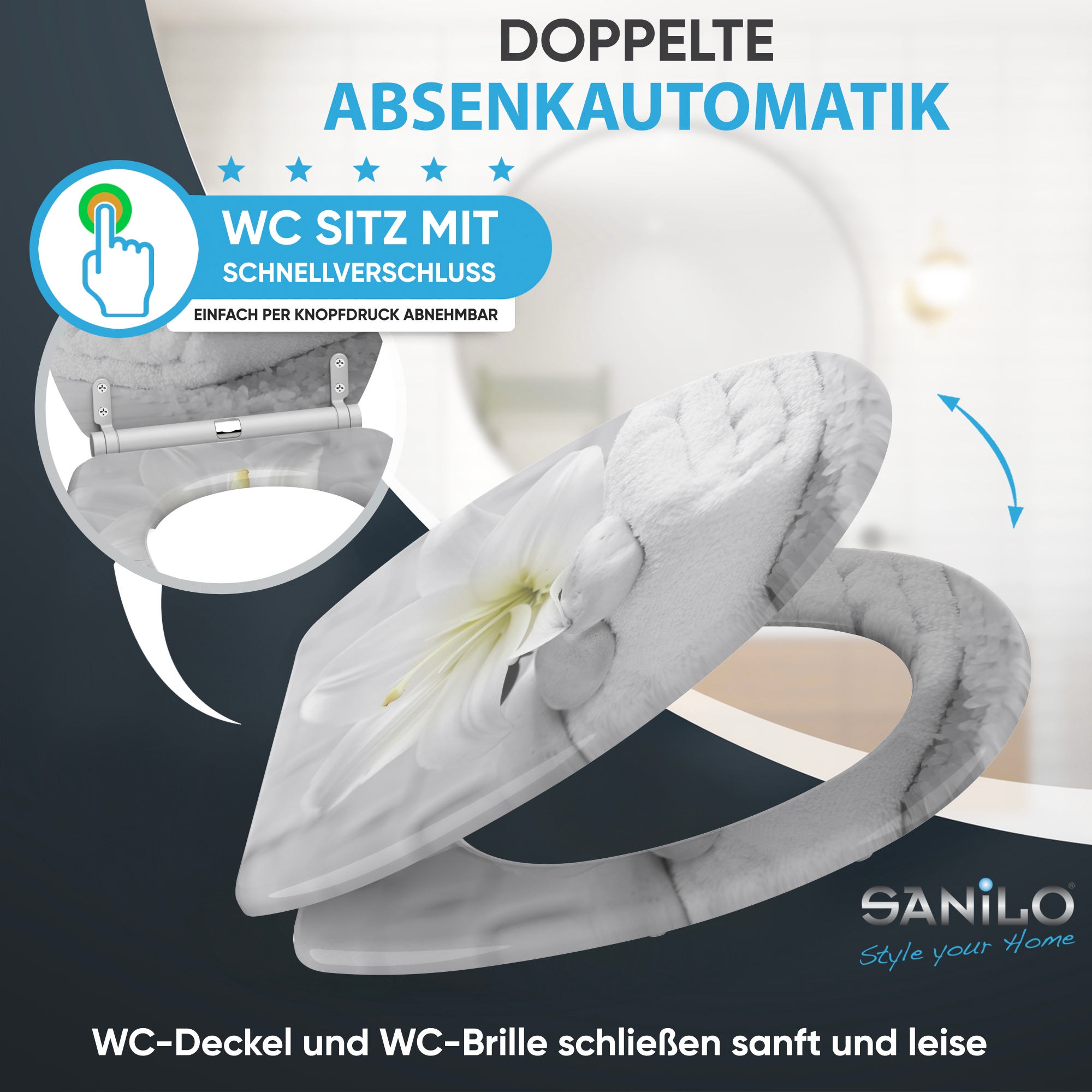 Sanilo Siège de WC »Good Feeling mit Absenkautomatik & Quick Release« Premium Toilettendeckel, abnehmbar, leichte Montage von oben