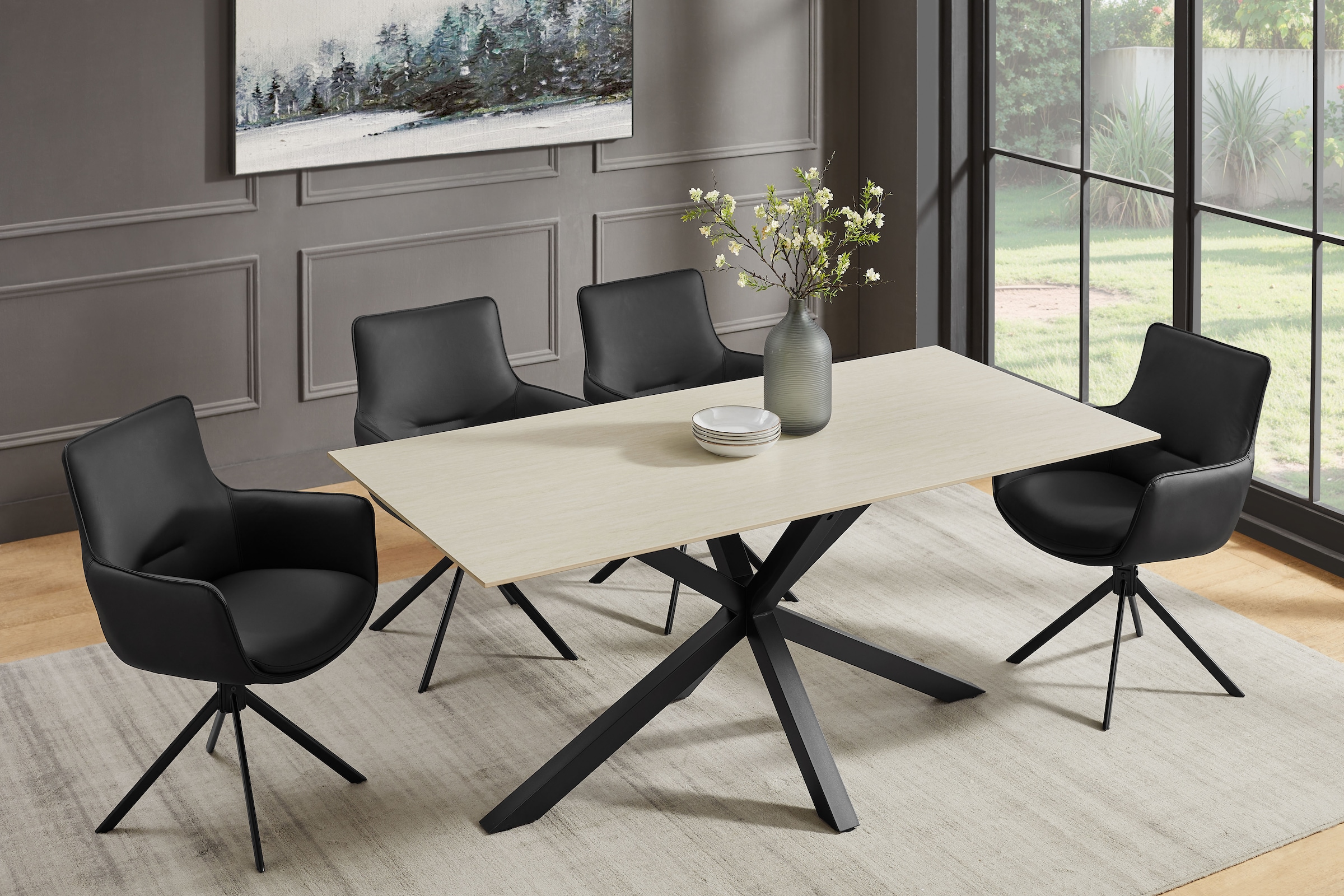 GOODproduct Drehstuhl (Set) 2 Stk.Naturleder Bezug, 360° drehbares Gestell aus Eisen