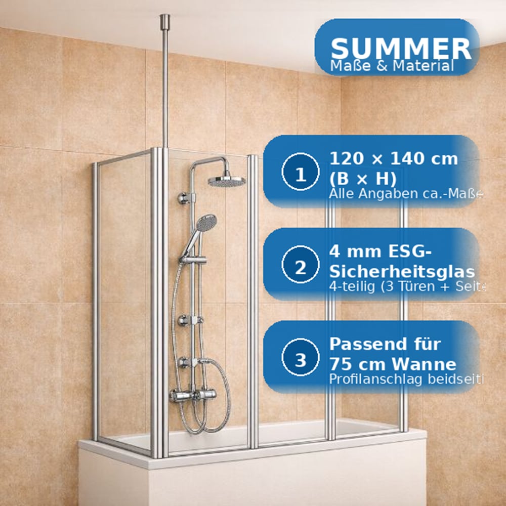 welltime Badewannenaufsatz »Summer 3-teilig + feste Seitewand« 4 Stk. tlg. Deckenhöhe bis 240cm geeignet, Glaswand bestehend aus vier Elementen