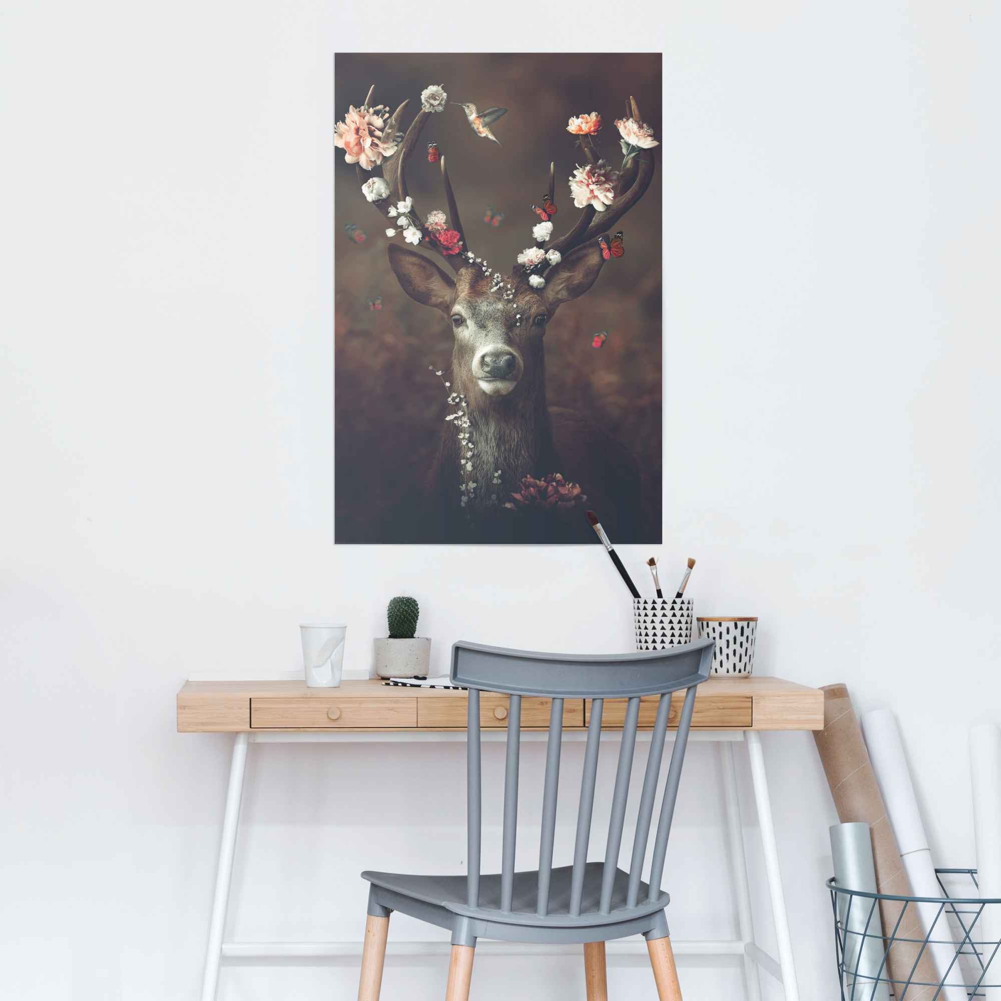 Image of Reinders Poster "Hirsch Romantisch - Kolibri - Schmetterling - Blumenkranz" Hirschbilder Tiere 1 Stk. tlg.