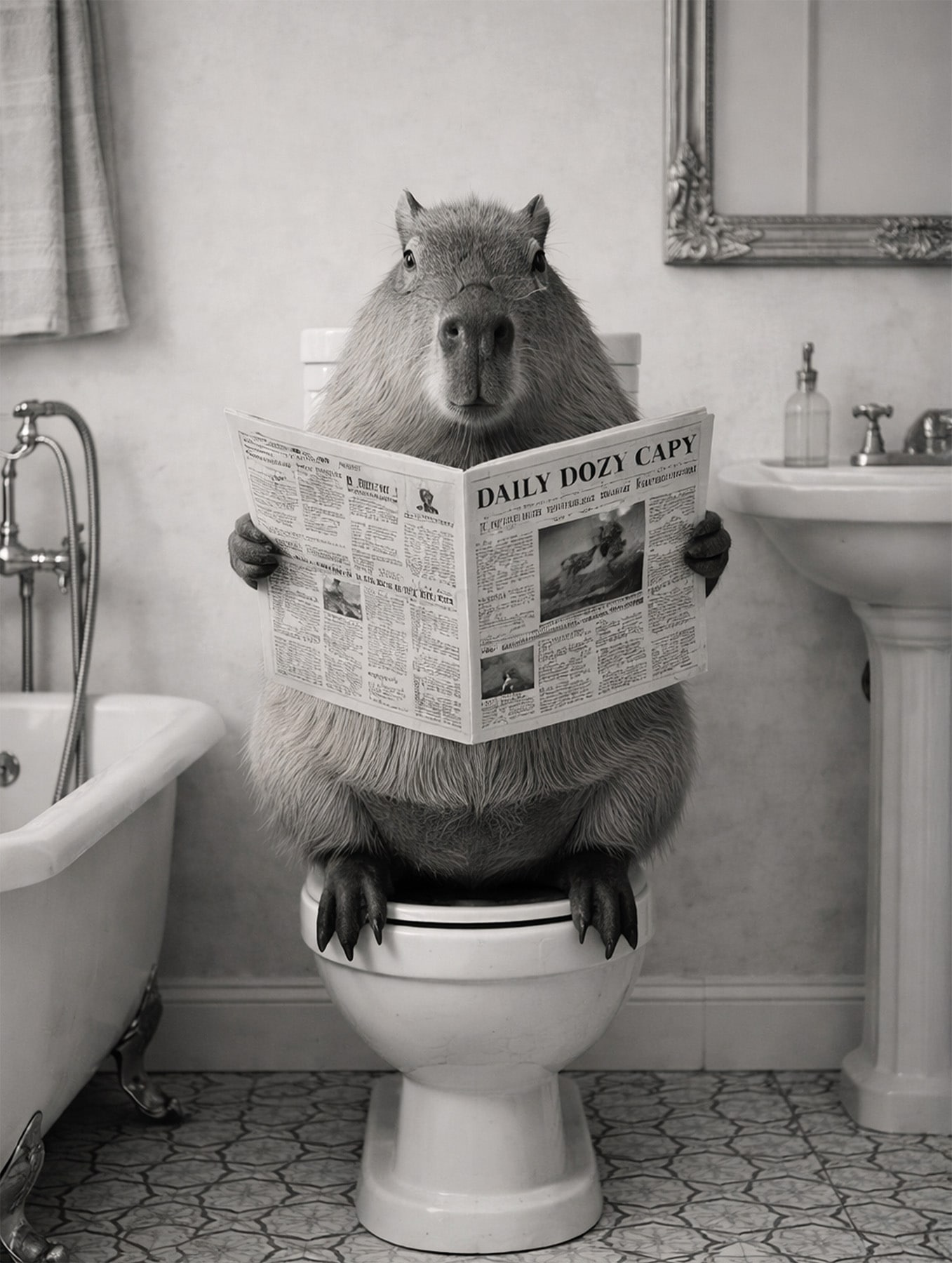 Image of Bönninghoff Bild "Wandbild CAPYBARA AUF WC 46x61 cm – Leinwandbild Keilrahmen Deko" Humor Tiere auf Keilrahmen gespannt