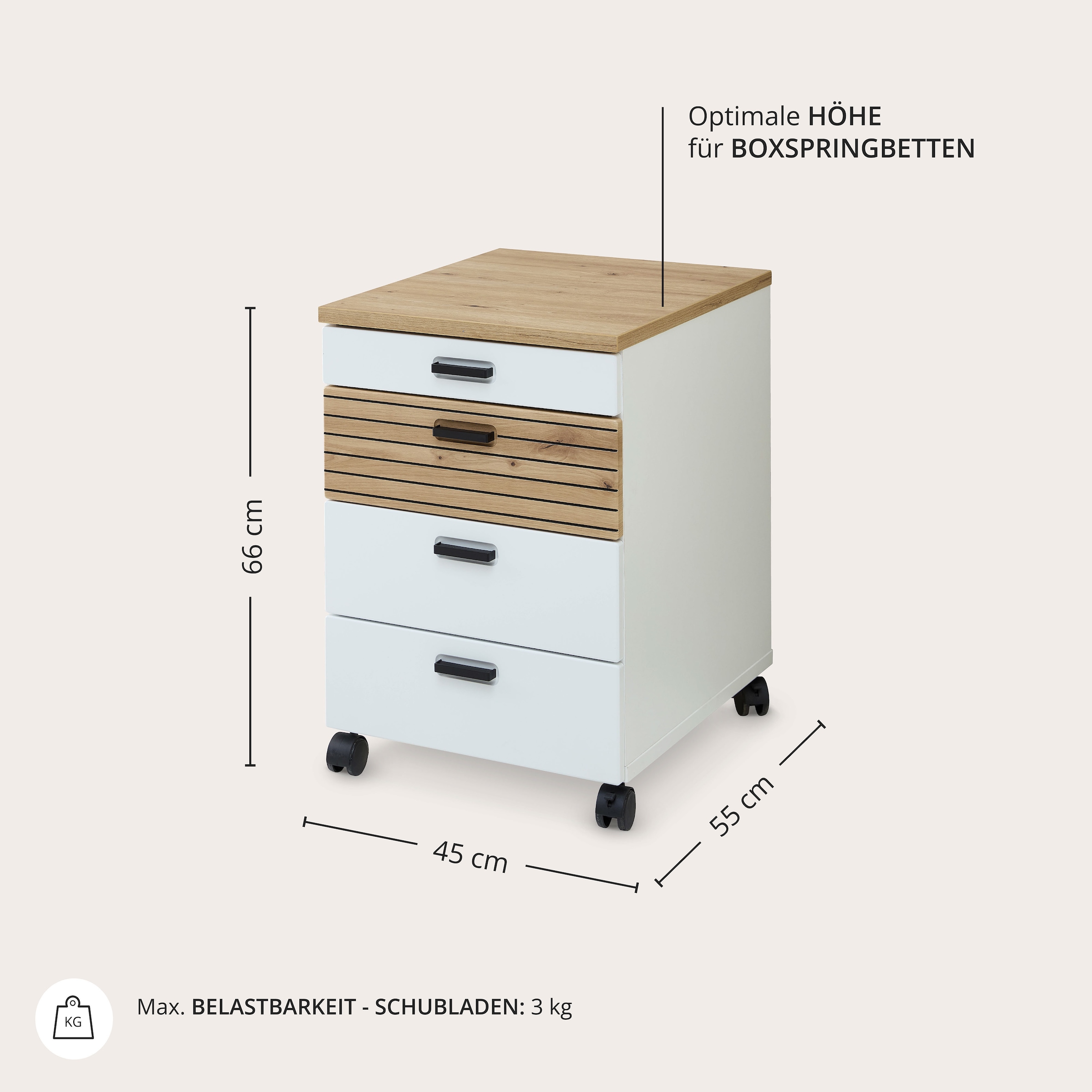 Innostyle Caisson à roulettes »Rollcontainer Glenn, 45 x 66 x 55 cm (B/H/T)« 1 cuis tlg. incl. insert en feutre, 4 roulettes (2 avec freins) ou socle, SK Soft-Close