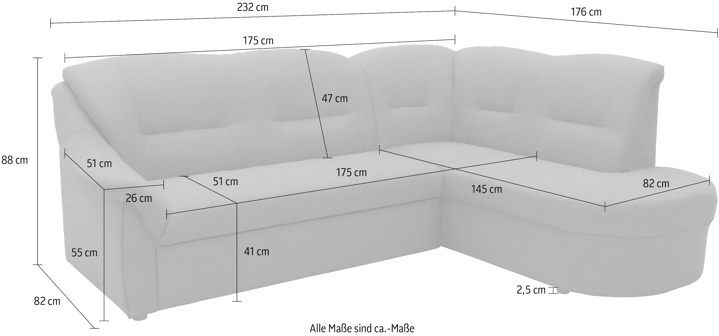 DOMO collection Ecksofa »Faenza für kleine Räume, Stellmasse 232,176cm, komfortabel, L-Form«, mit Ottomane, zeitlos, elegante Armlehnen, wahlweise mit Bettfunktion