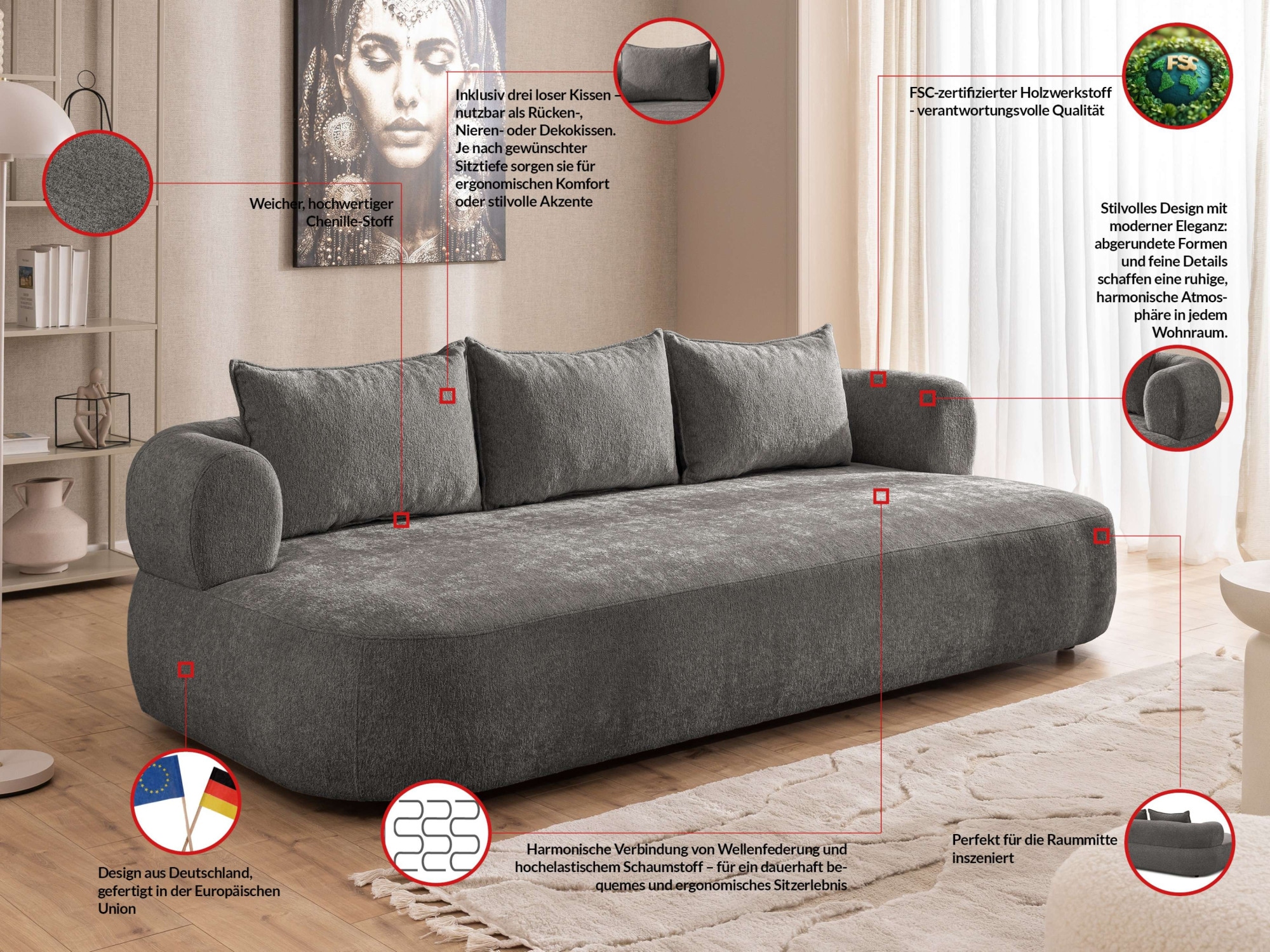 Home affaire Big-Sofa »LUSSAC 4-Sitzer Design-Sofa mit Zierkissen, Masse B/T/H: 242/123/78 cm« hoher Sitzkomfort und modernes Design, Sofa ohne Bettfunktion