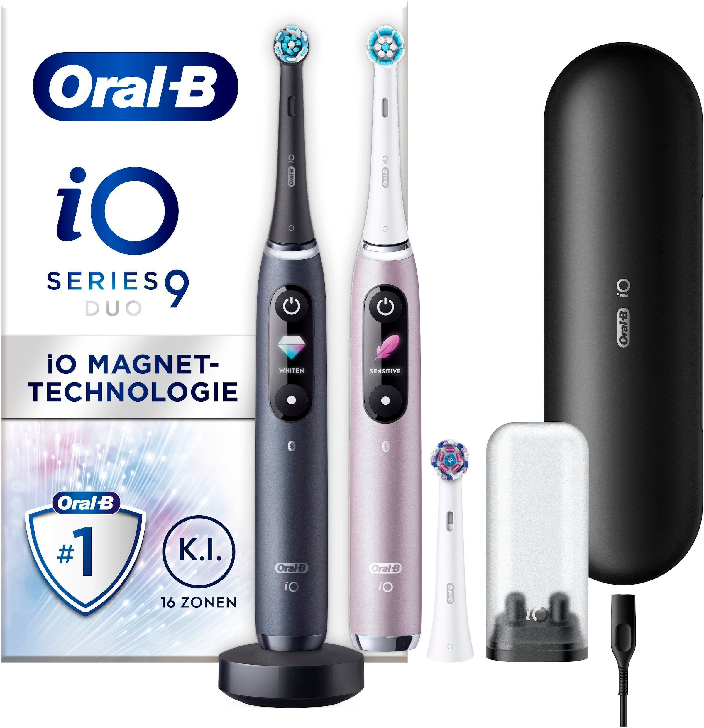 Image of Oral-B Elektrische Zahnbürste "iO 9 Duopack" 3 Stk. Aufsteckbürsten mit Magnet-Technologie, 7 Putzmodi, Farbdisplay & Lade-Reiseetui