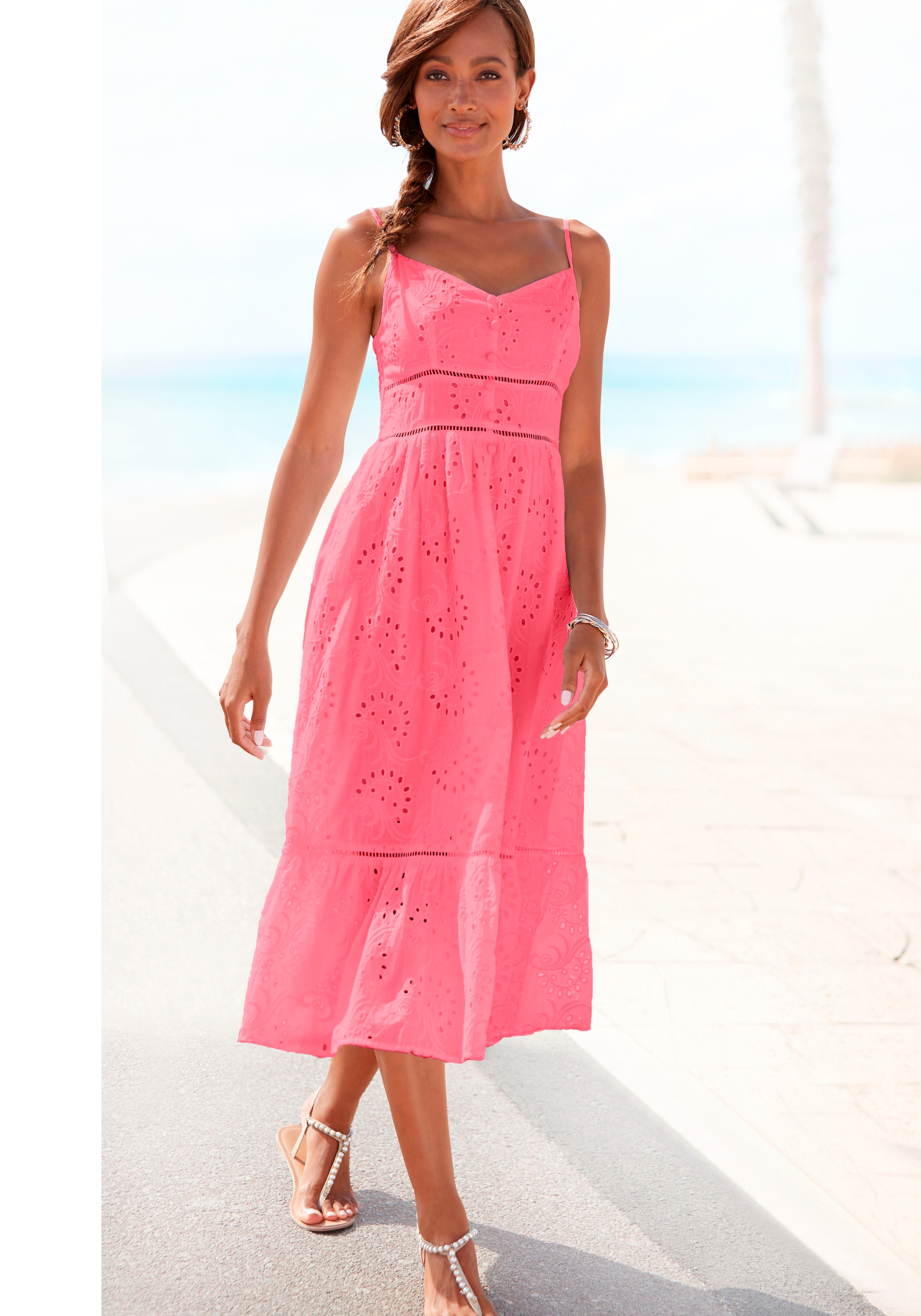 Midikleid, mit hochwertiger Lochstickerei, luftiges Sommerkleid aus Baumwolle