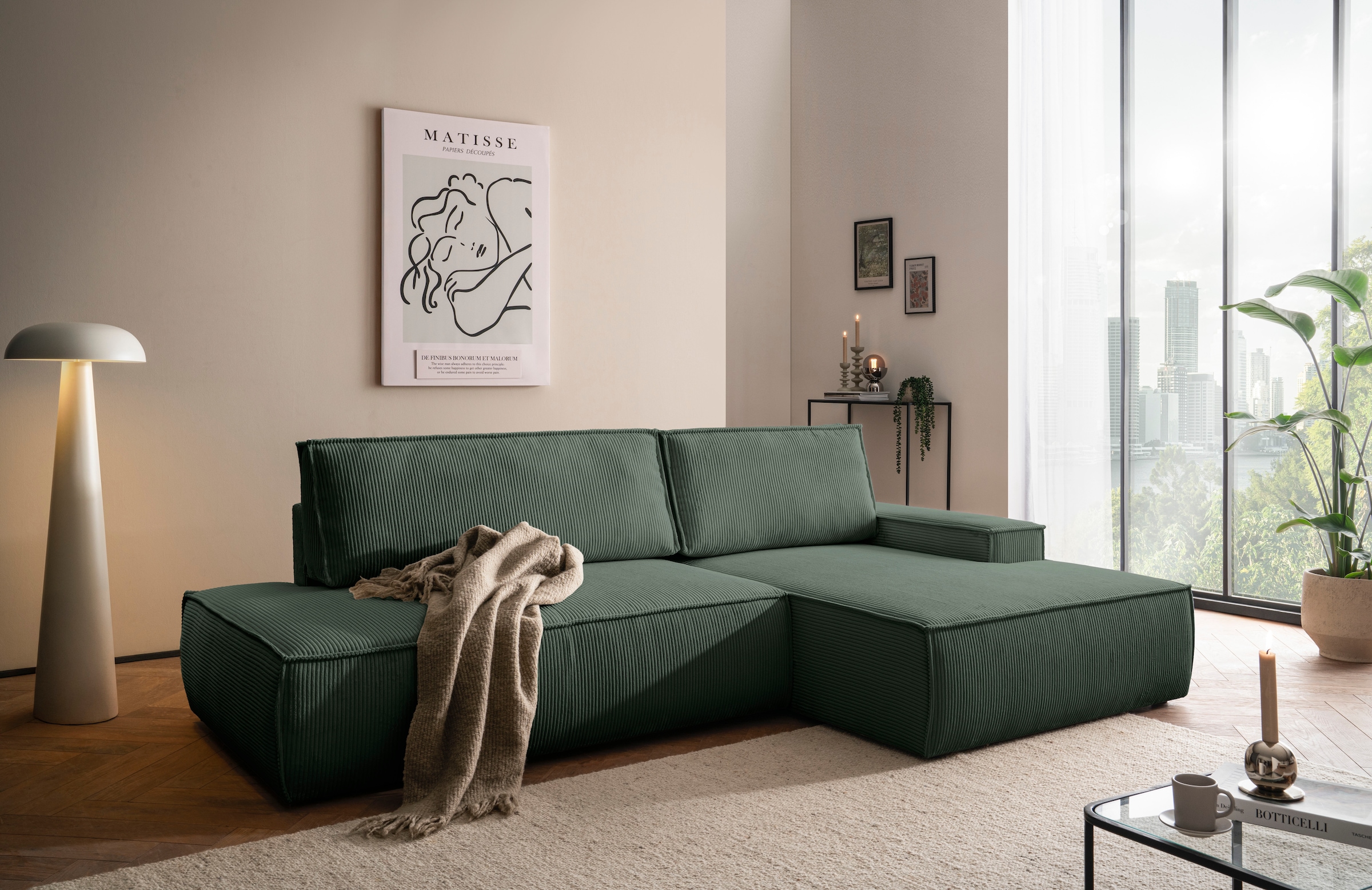 Home affaire Ecksofa »SHERWOOD, Schlafsofa in L-Form offen (275cm), Cord, Leinenoptik«, Schlaffunktion und Bettkasten, Kedernaht, hoher Sitz- & Liegekomfort