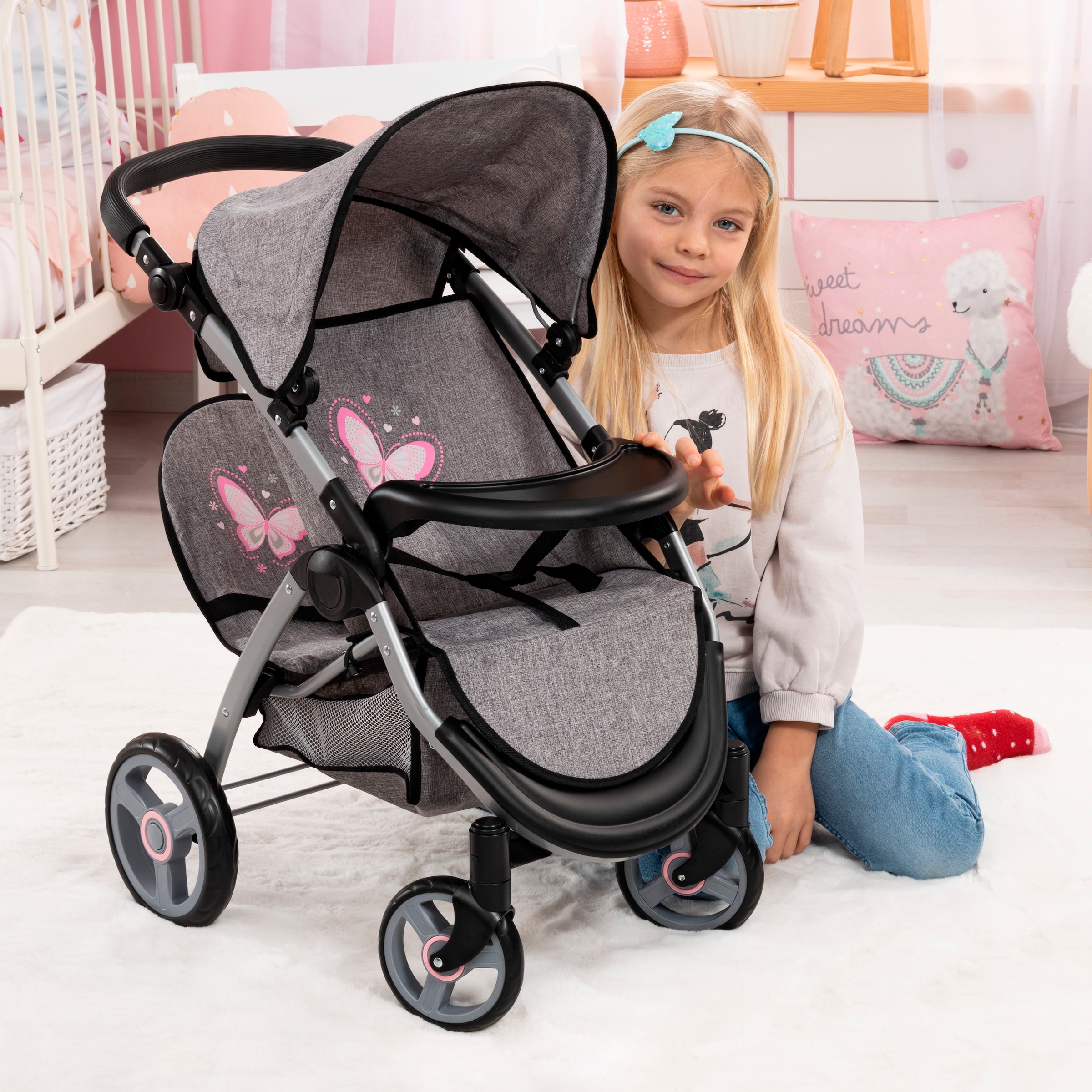 Bayer Puppen-Zwillingsbuggy »Twin Star, grau/rosa« mit Wickeltasche